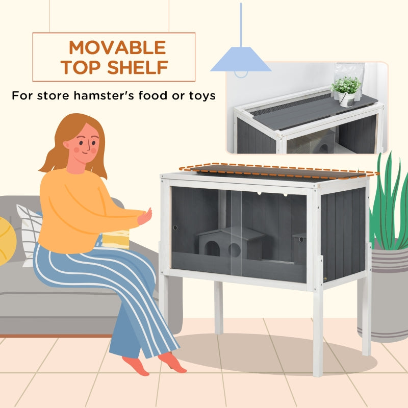 Hamster Cage, Dwarf Hamsters Gerbils Rutin Chicken with Shelf Two Huts, Grey