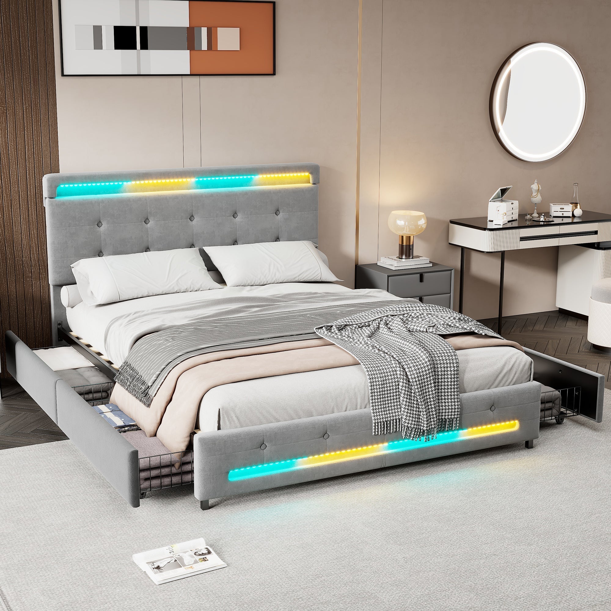 Upholstered Storage Bed with Soft Backrest, 4 Drawers, LED Light Strips, Grey Velvet