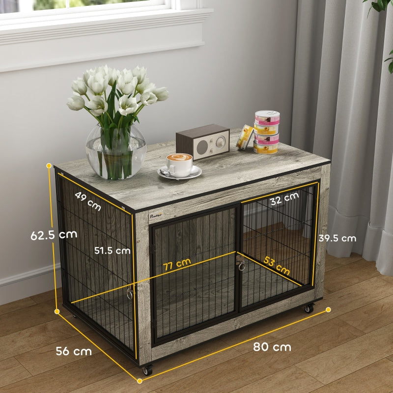 Dog Crate Furniture, Double Doors with Wheels, for Medium Dogs, Grey