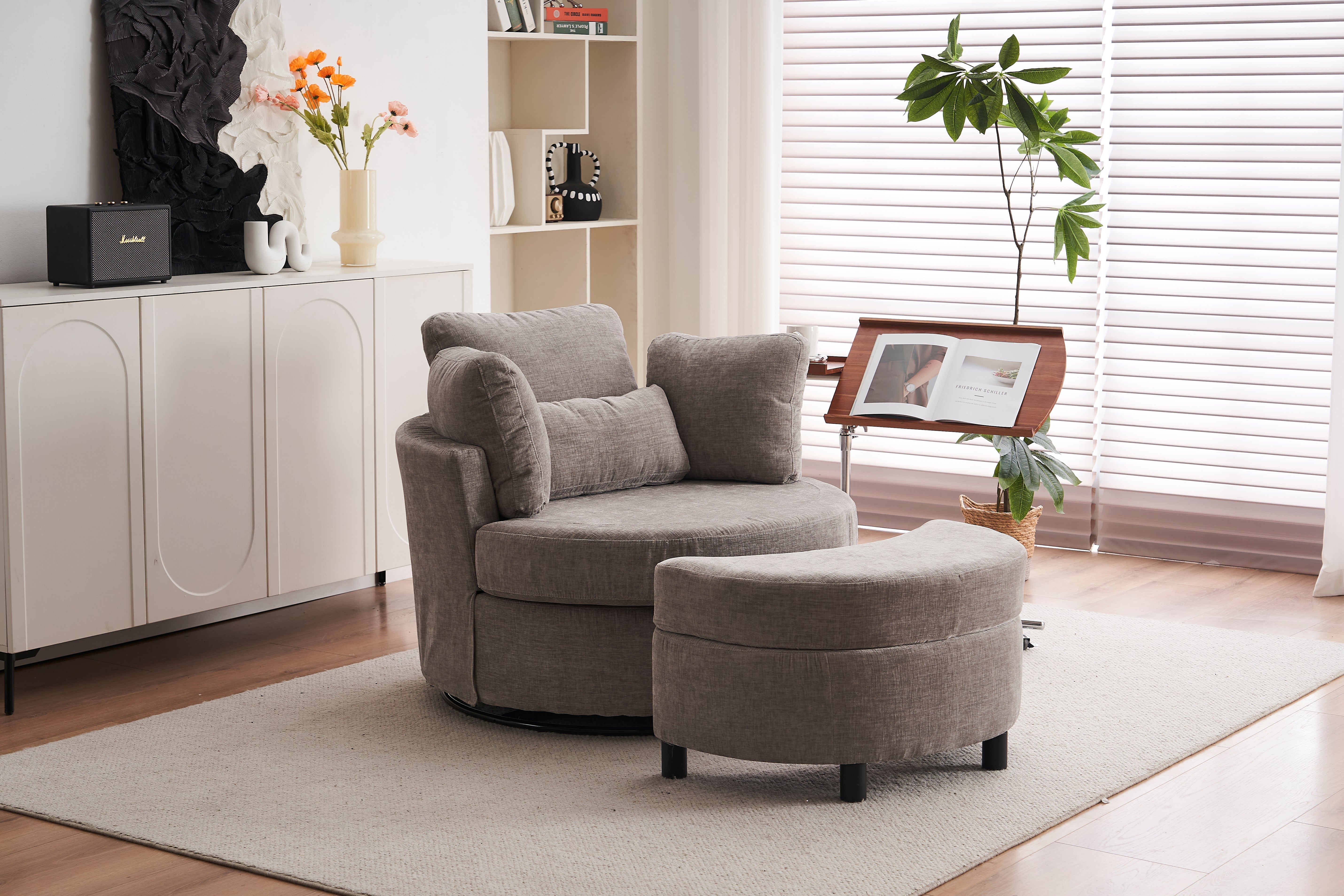 Chenille Swivel Armchair with 3 Back Cushion Pillow and Ottoman Crescent Stool