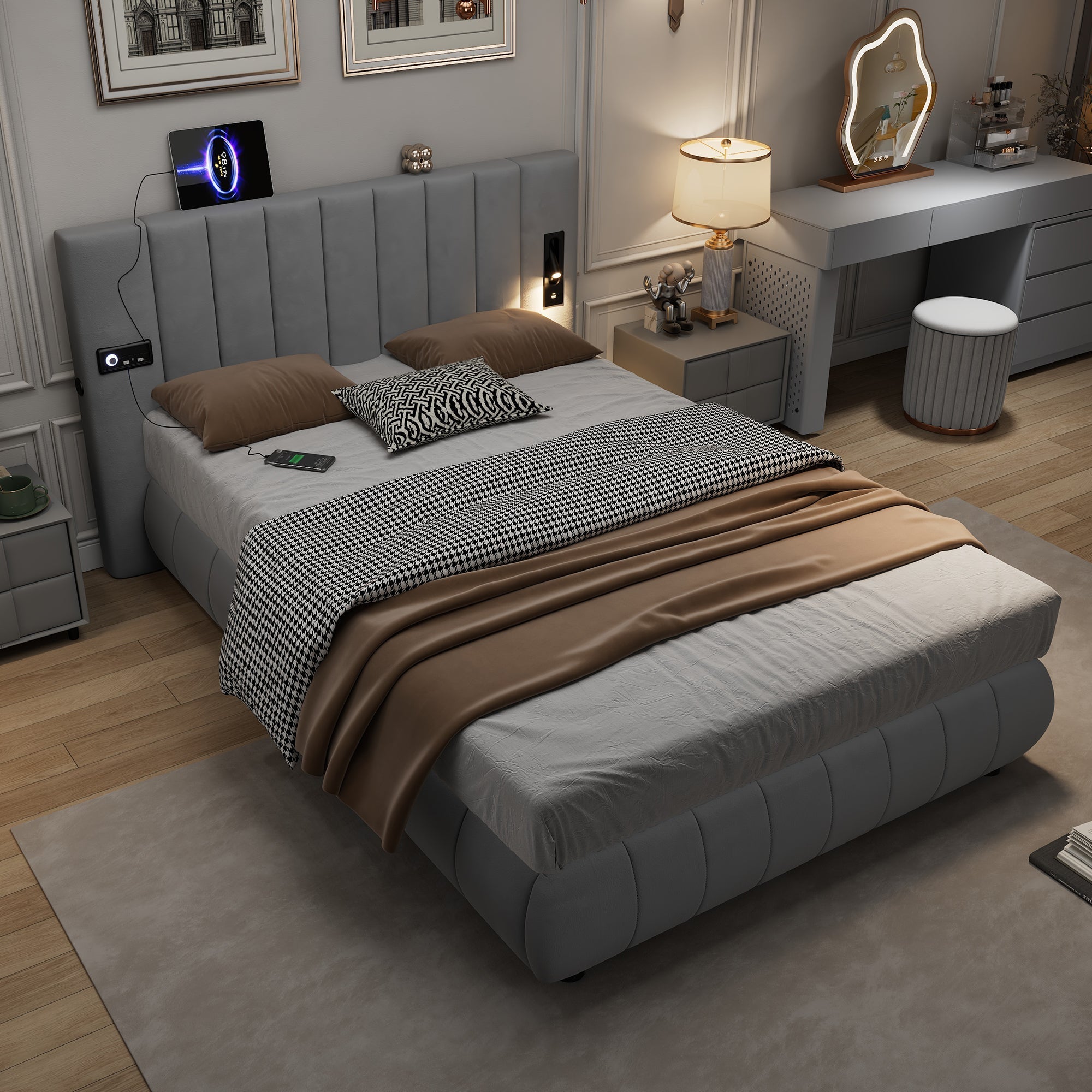 Upholstered Bed 4ft6 Double, 135x190cm, with Stereo, USB-A & USB-C, Lighting, Electrical Plug, Soft Headboard, Velvet & Iron, Grey