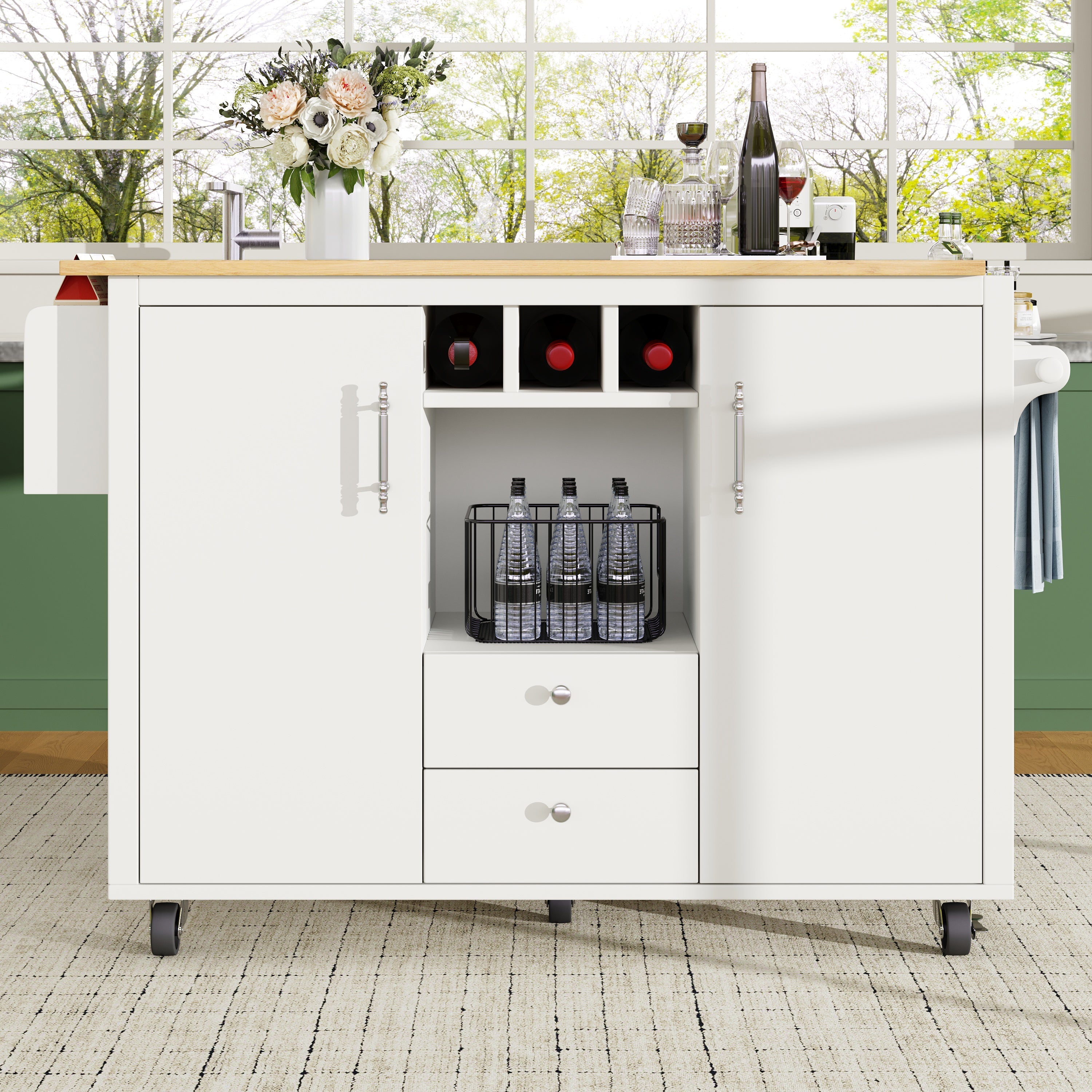 Kitchen cart, buffet cabinet, kitchen trolley with folding worktop, Kitchen island with towel rack and spice rack, wine rack and adjustable shelves, white