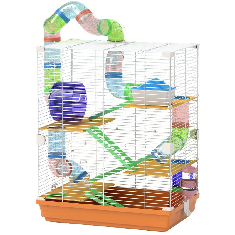 Hamster Cage, 5 Tier Habitat w/ Exercise Wheels, Tunnel, Orange