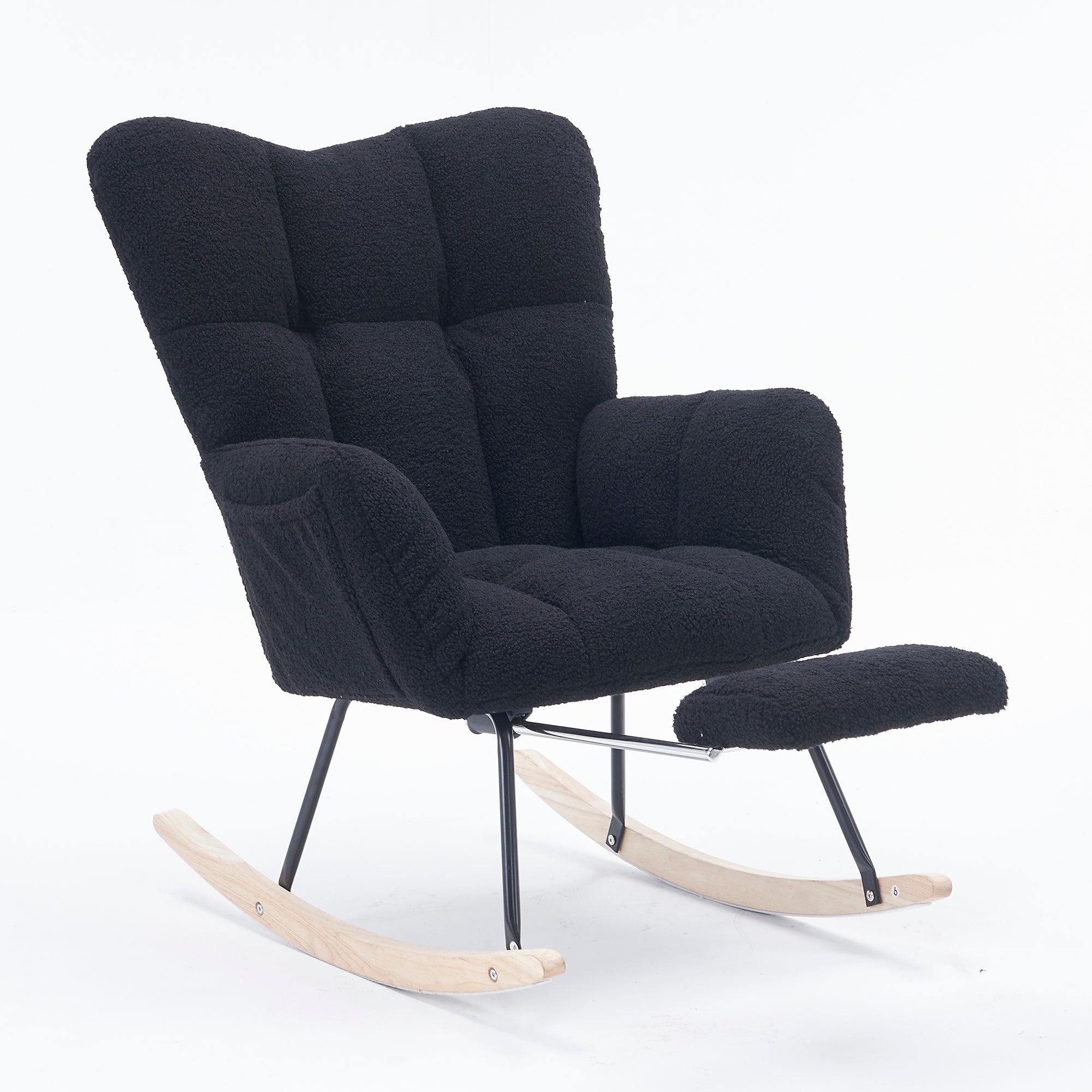 New Modern Teddy Fabric Tufted Upholstered Rocking Chair with Pull-Out Footrest, Black