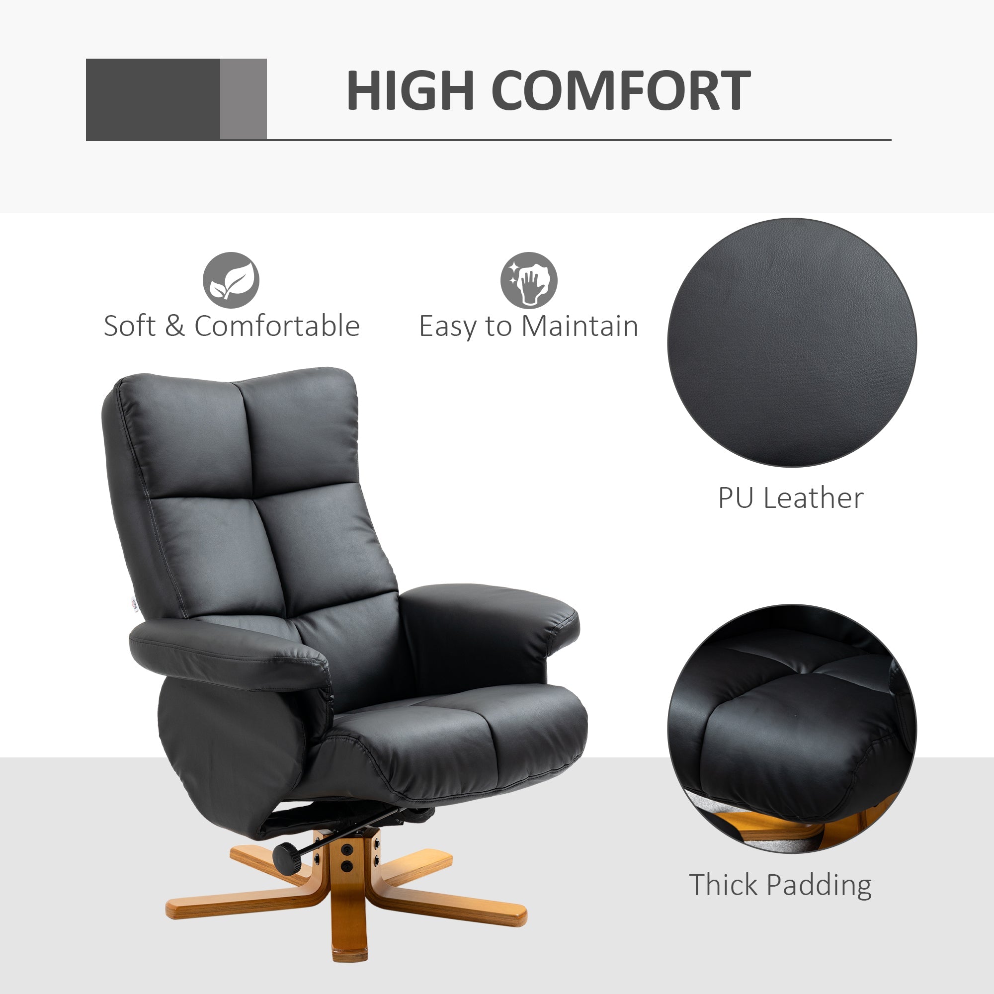 Recliner Armchair, Swivel Reclining Chair with Storage Ottoman, Black Faux Leather