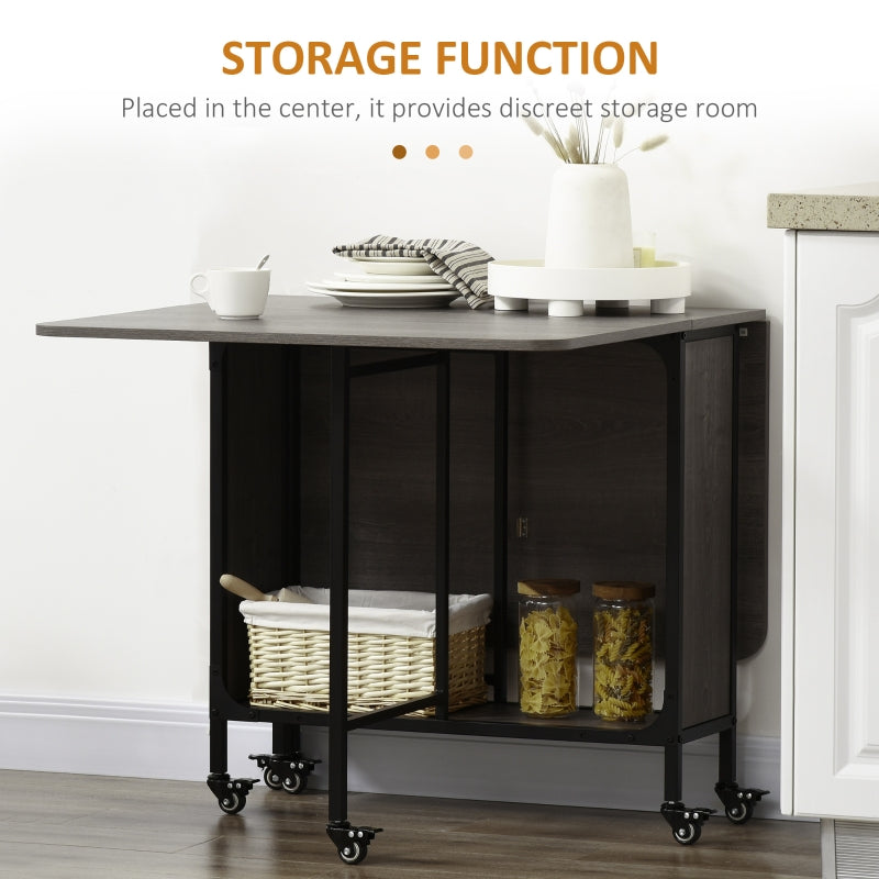 Mobile Drop Leaf Table Folding Extendable Dining Table with 6 Wheels and Storage Shelf