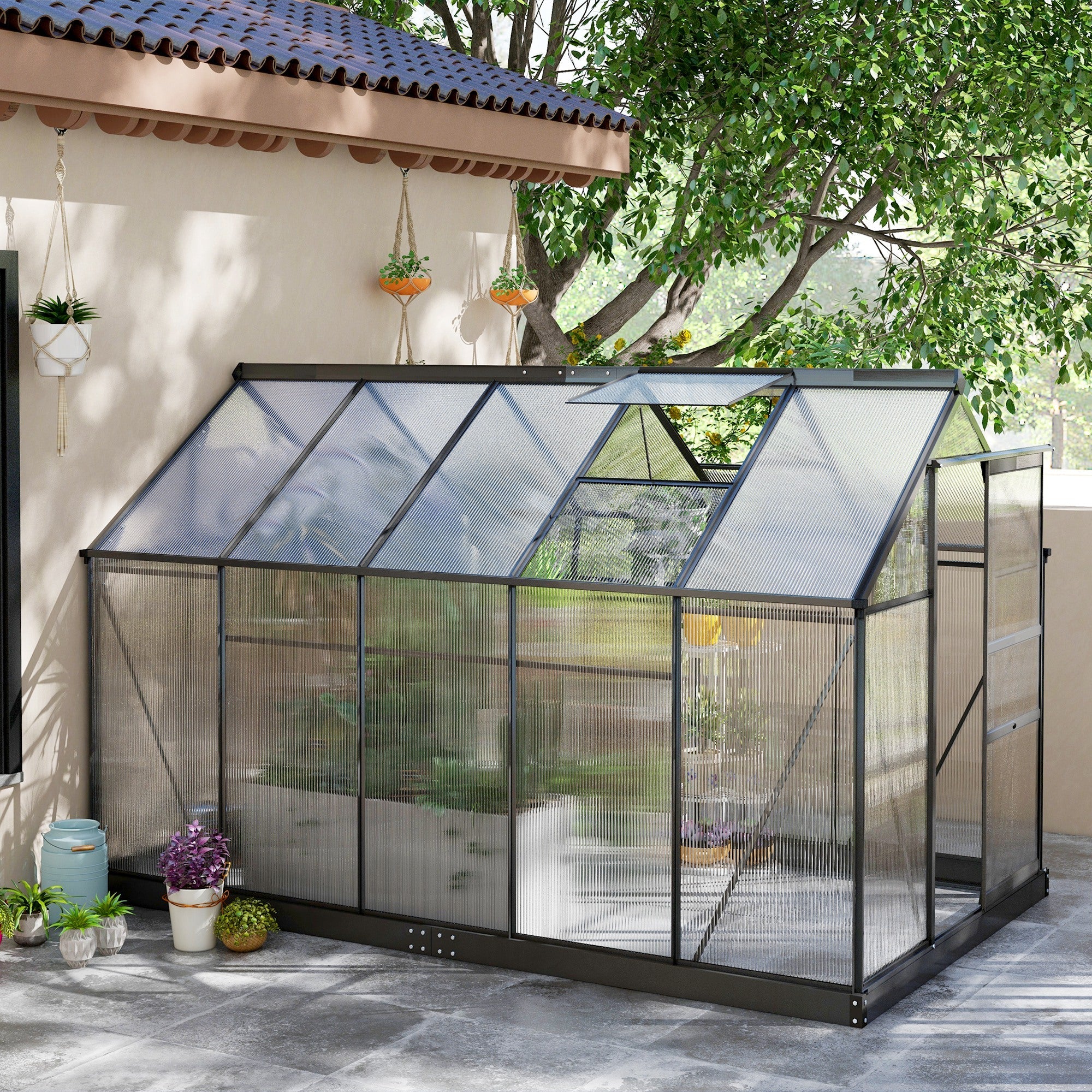 6 x 10ft Polycarbonate Greenhouse, Walk-In with Slide Door and Window, Aluminium Frame, Grey