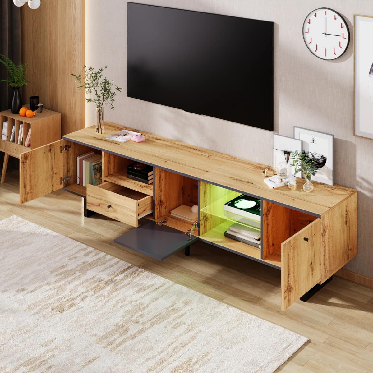 LED TV Unit with Glass Shelves - Modern Lowboard Cabinet with Soft-Close Doors