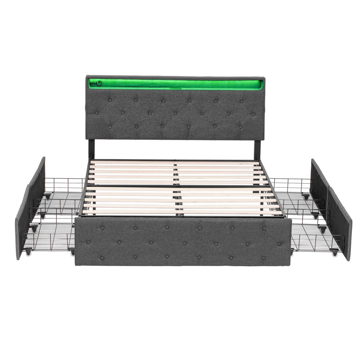 4ft6 Double Upholstered Storage Bed - LED Drawers with USB & Type-C Charging, Adjustable Tufted Headboard