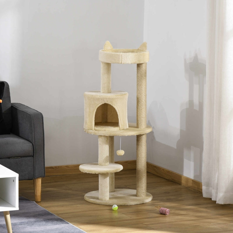 Cat Tree 104 cm Cat Condo Tower Activity Centre Scratching Posts Plush Perch Hanging Ball - Cream White