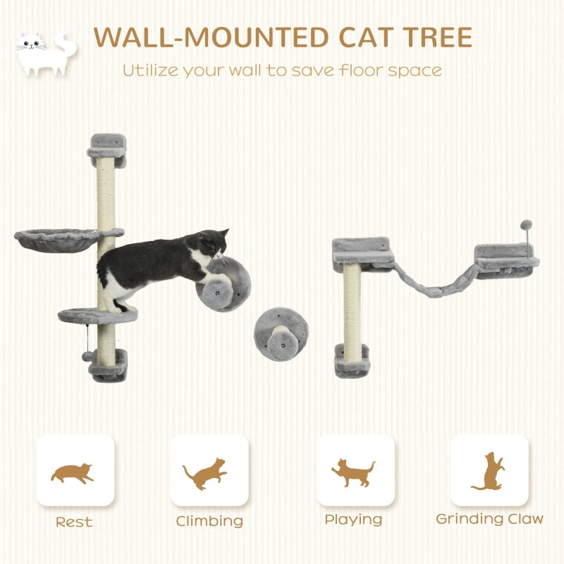 Cat Wall Furniture, Four-Piece, Hammock, Perches, Ladder, Scratching Post, Grey