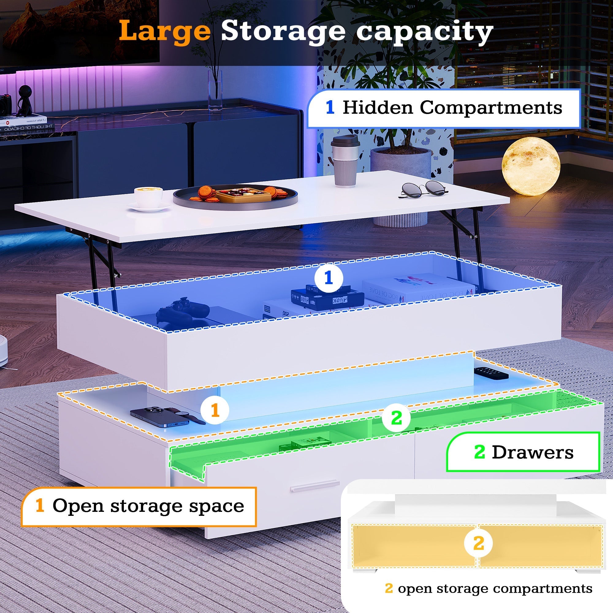 Hydraulic Lift Top Coffee Table with LED Lights, Storage, 2 Drawers, White