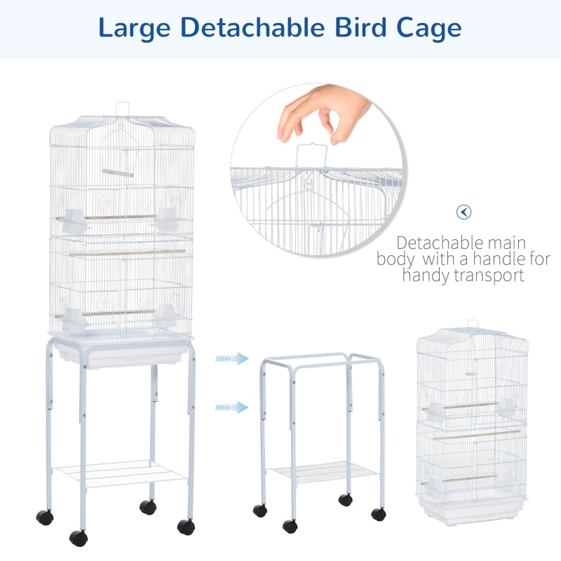 Bird Cage with Stand Wheels Slide-out Tray Storage Shelf, White