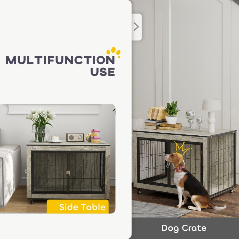 Dog Crate Furniture, Double Doors with Wheels, for Medium Dogs, Grey