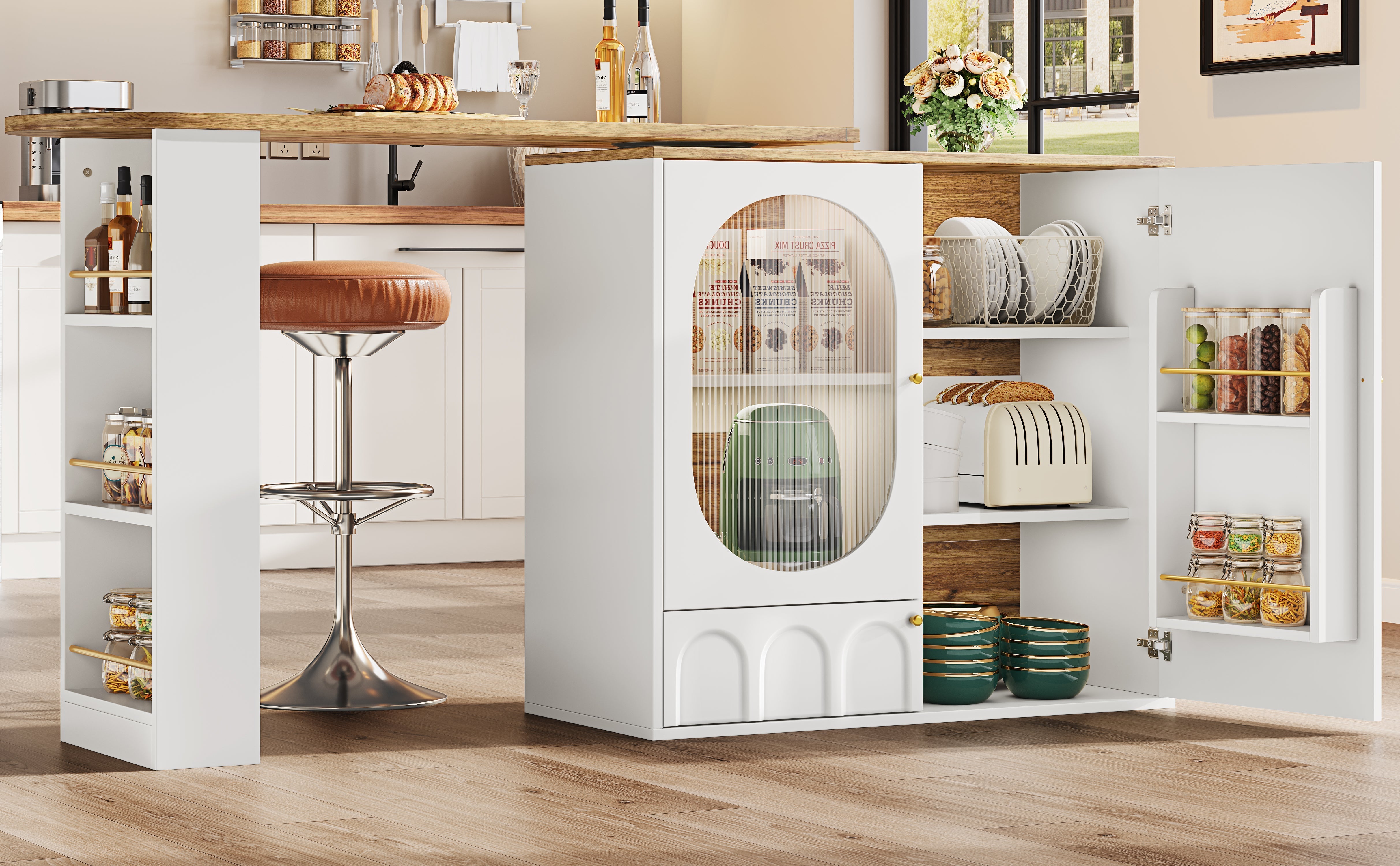 360° rotating bar table (body 138 x 39 x 105 cm), coffee bar furniture, rotating dining table with storage space, kitchen island, two doors with shelves, sideboard, buffet, white