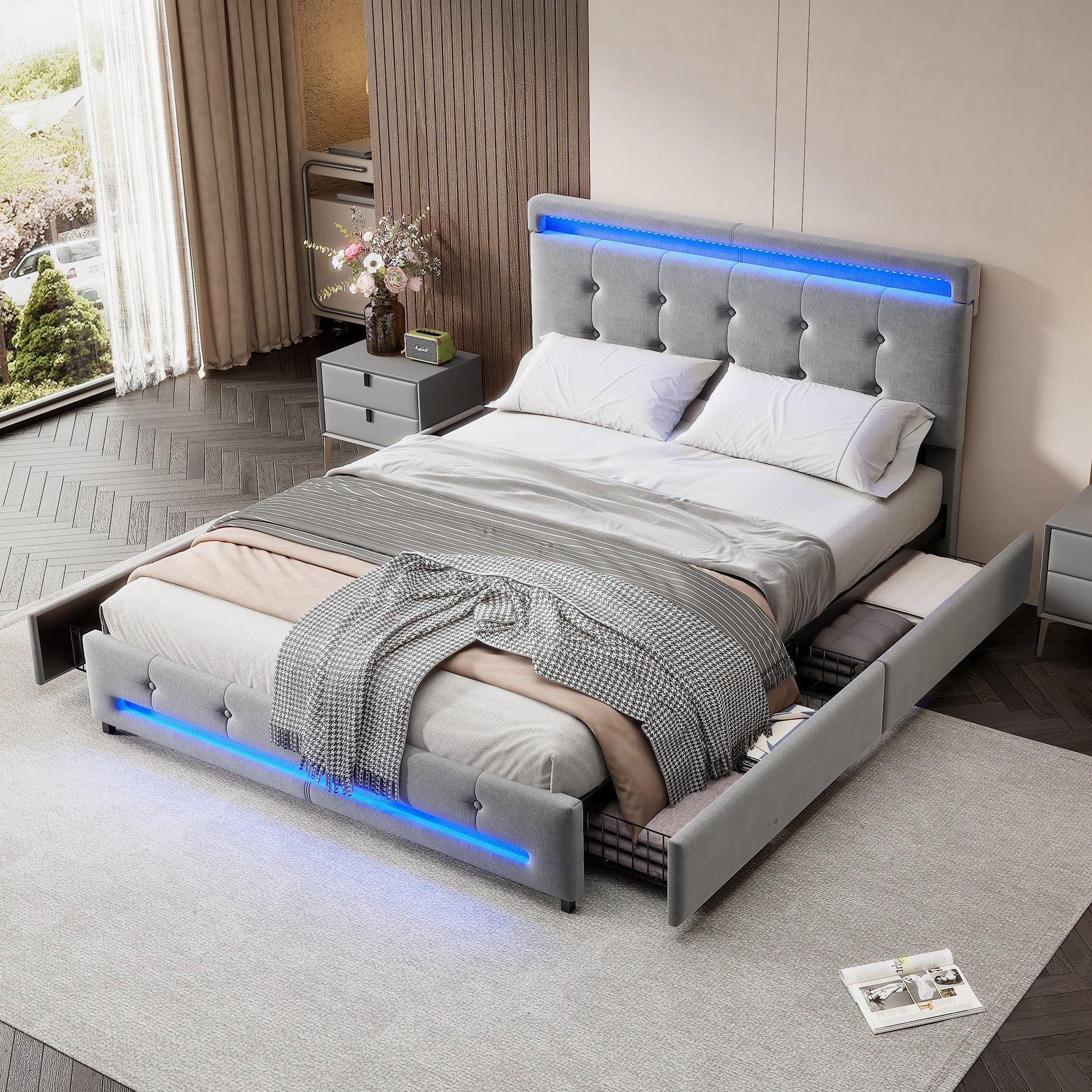 Upholstered Storage Bed with Soft Backrest, 4 Drawers, LED Light Strips, Grey Velvet