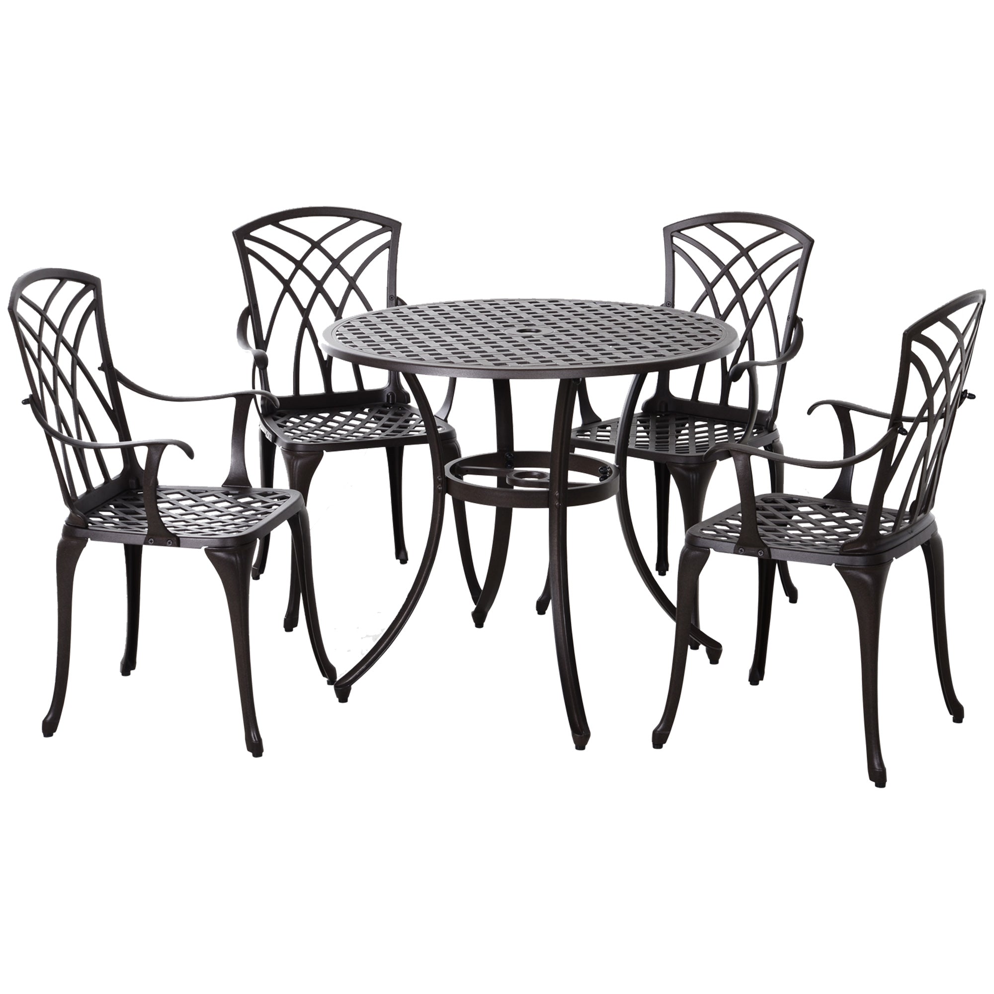 5 Pieces Garden Dining Set for 4, Cast Aluminium with Parasol Hole, Brown