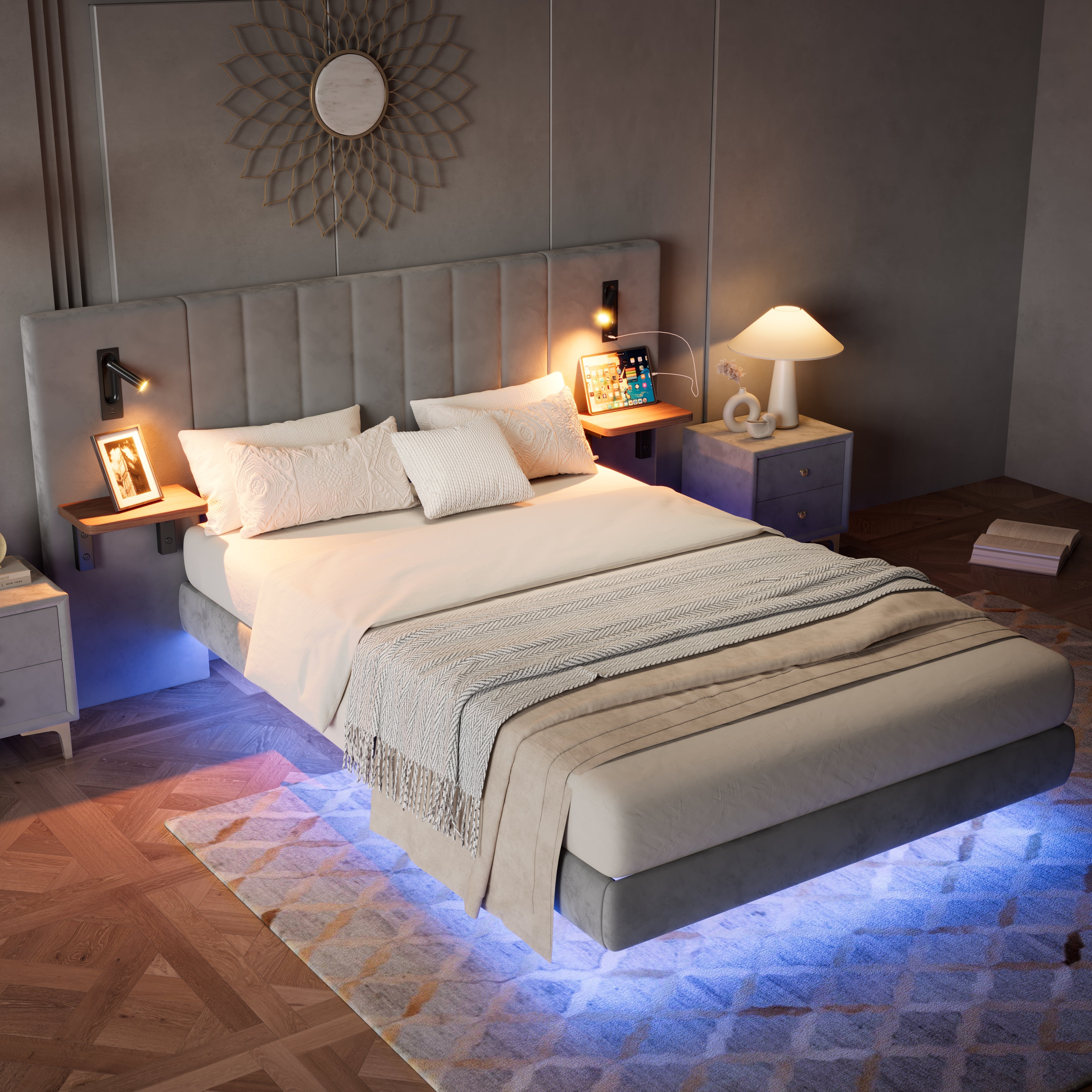 Upholstered Bed with Lamps, Charging Socket, Storage, and Light Strip, Velvet+Iron Grey