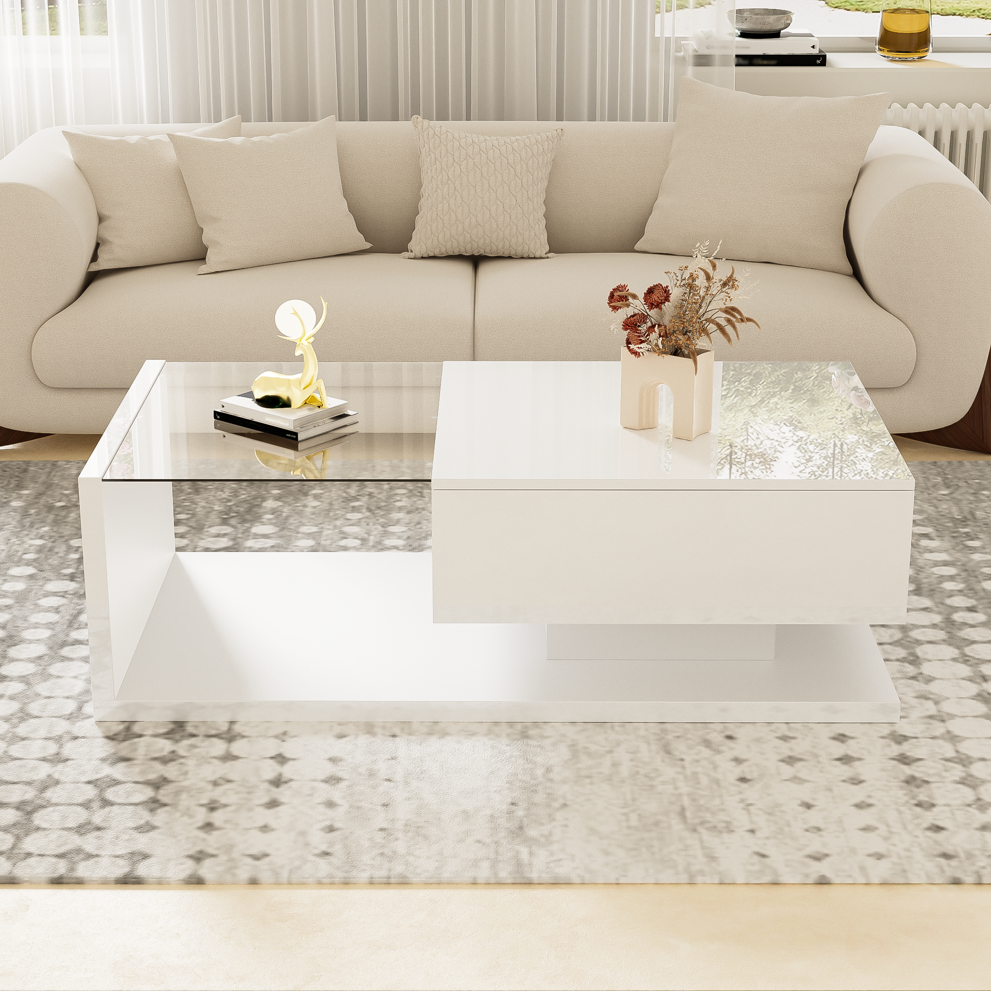 Coffee table, high-gloss white. Side tables, coffee tables with glass and LED
