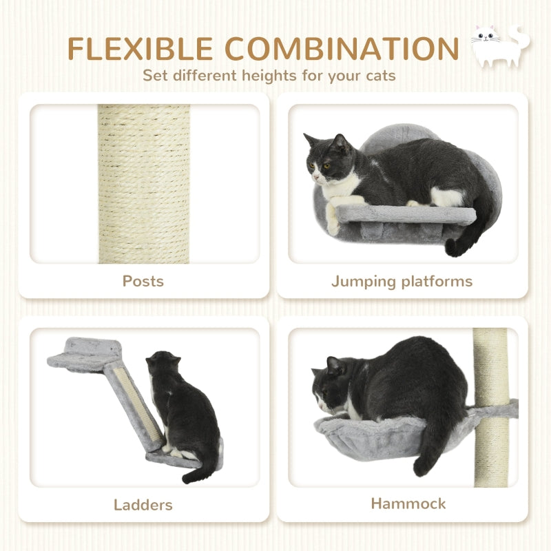 Cat Shelves, Three-Piece Wall-Mounted with Hammock, Ladder, Platforms, Scratching Post - Grey