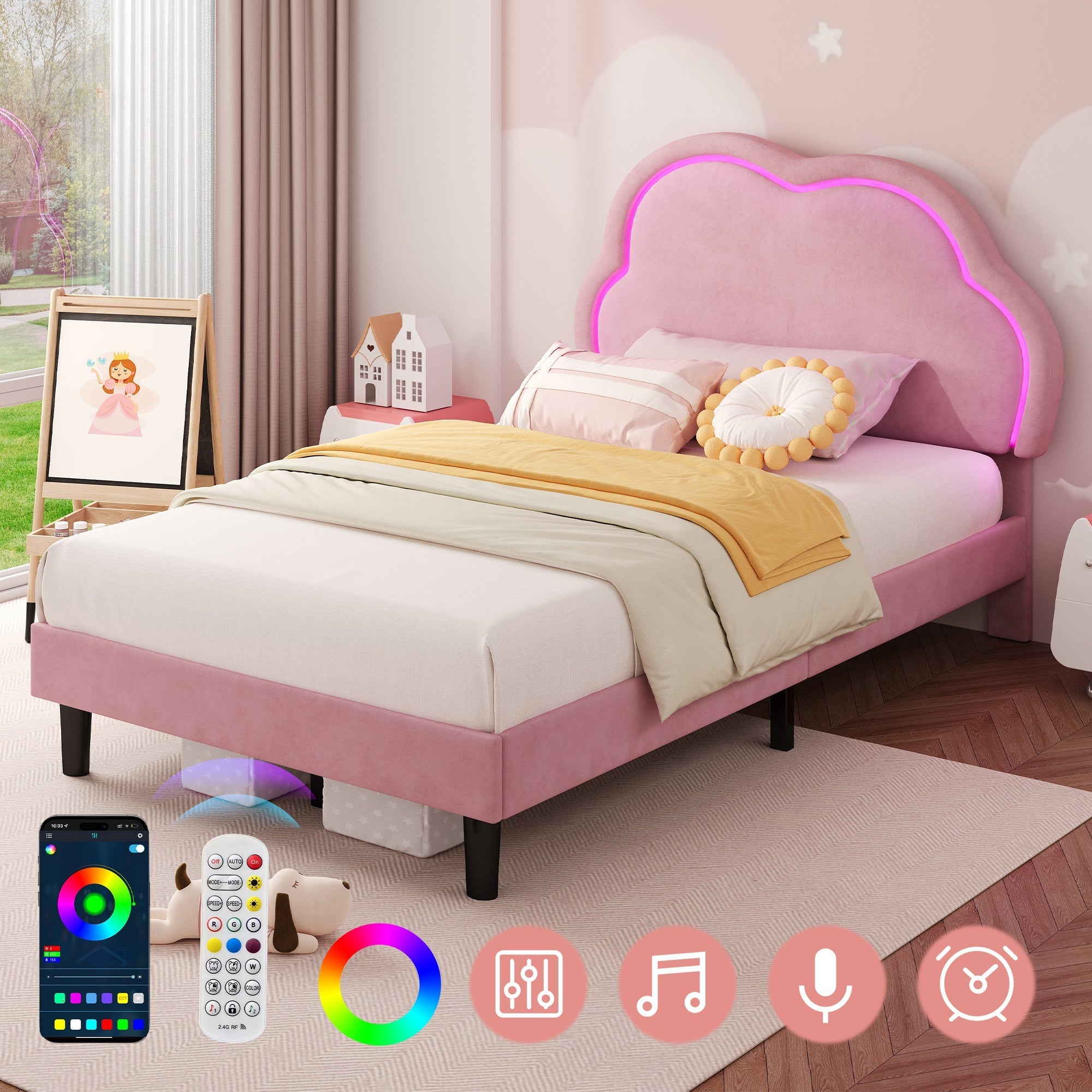 3ft Single Upholstered Bed with LED Adjustable Cute Cloud Headboard, Pink Soft Velvet
