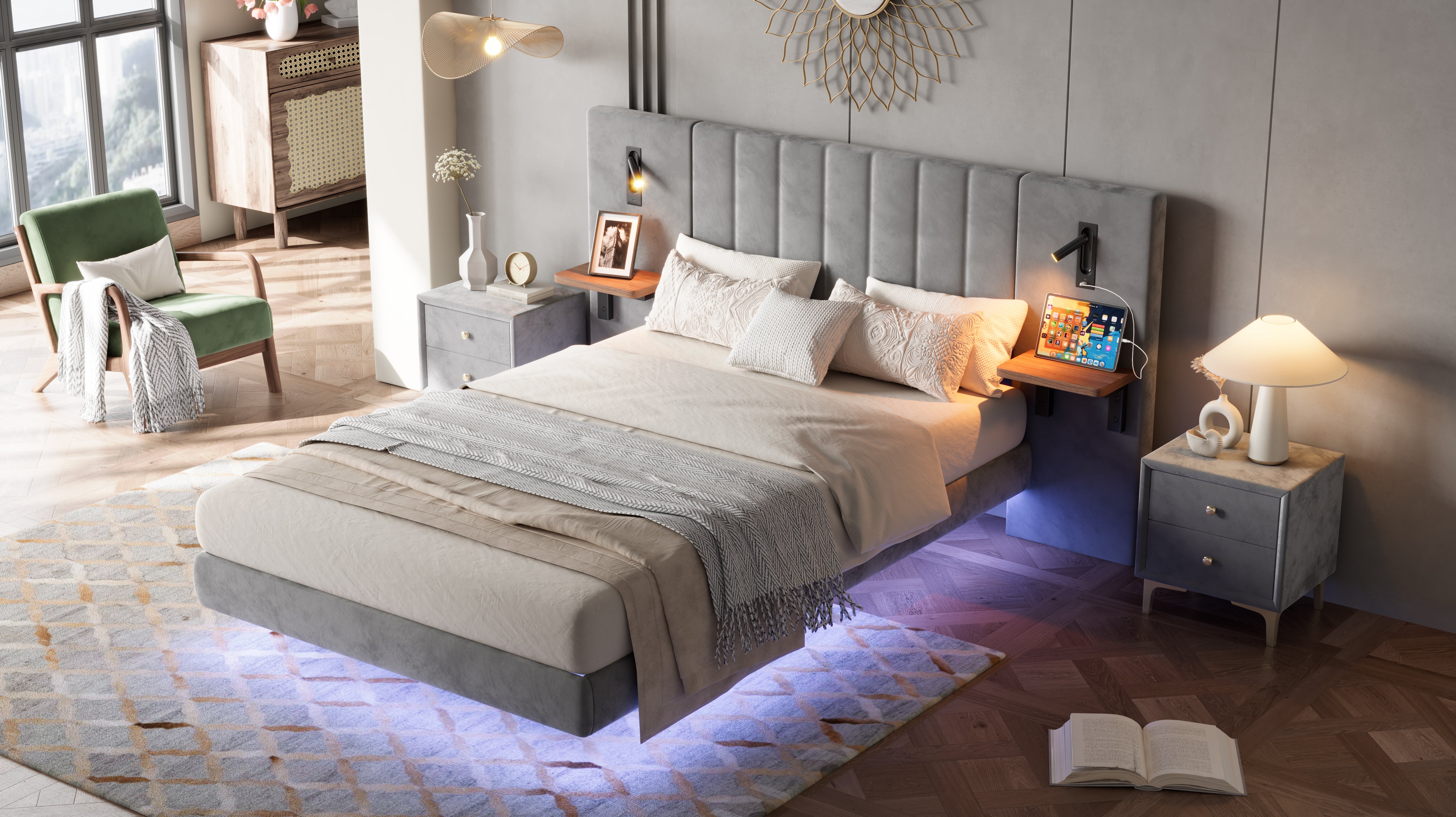 Upholstered Bed with Lamps, Charging Socket, Storage, and Light Strip, Velvet+Iron Grey