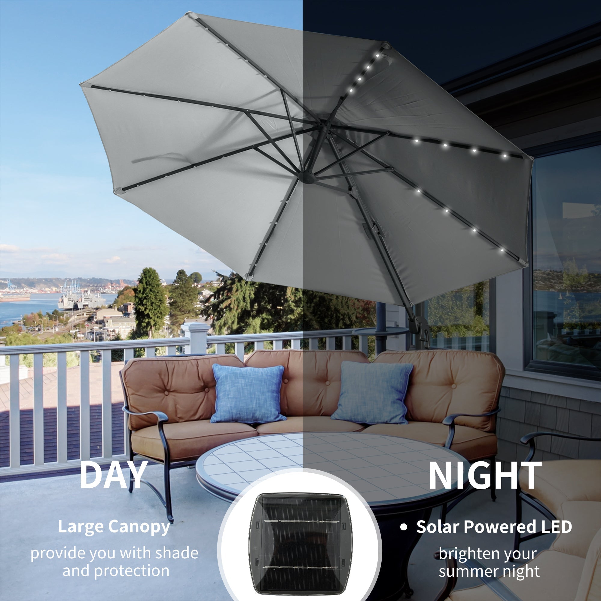 LED Cantilever Parasol, 3m with Solar Lights, Grey