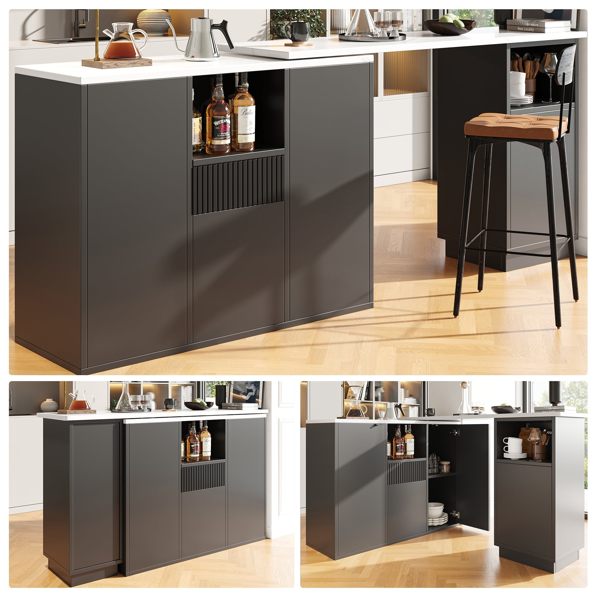 360¡ã Swivelling Bar Table, Modern Design with Open Storage and Marble Worktop, Black