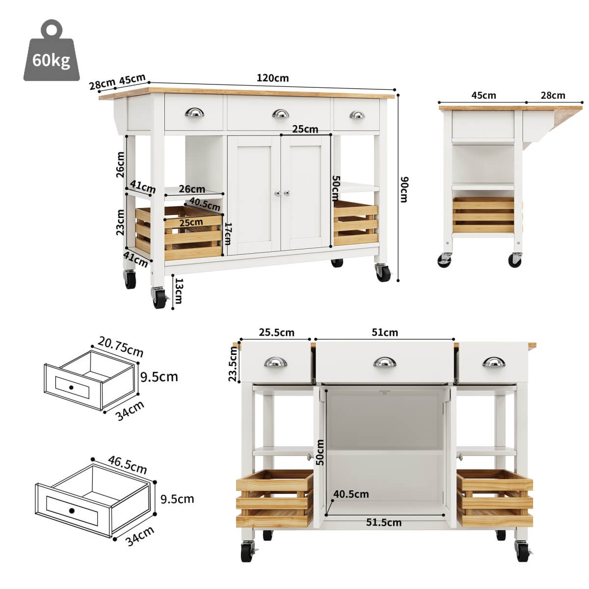 Kitchen Island Trolley on Wheels — Storage Cabinet with 3 Drawers, Adjustable Shelf & Spice Rack