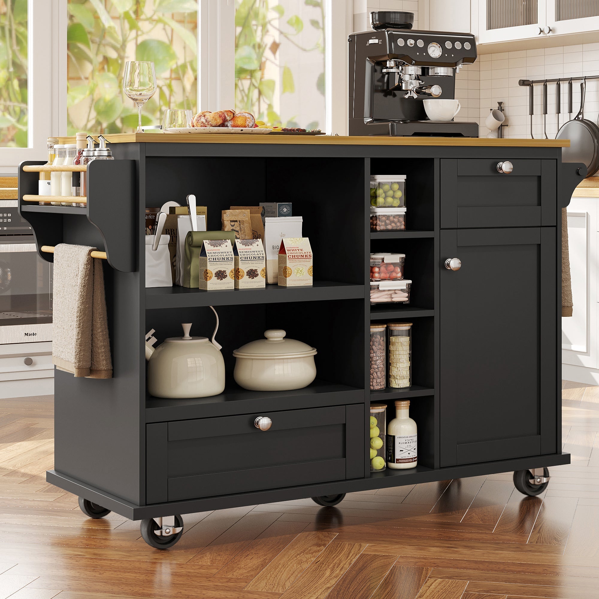 Dining Trolley (129x46x92cm), Mobile Kitchen with Drawers & Cupboards, Wood Top, Black