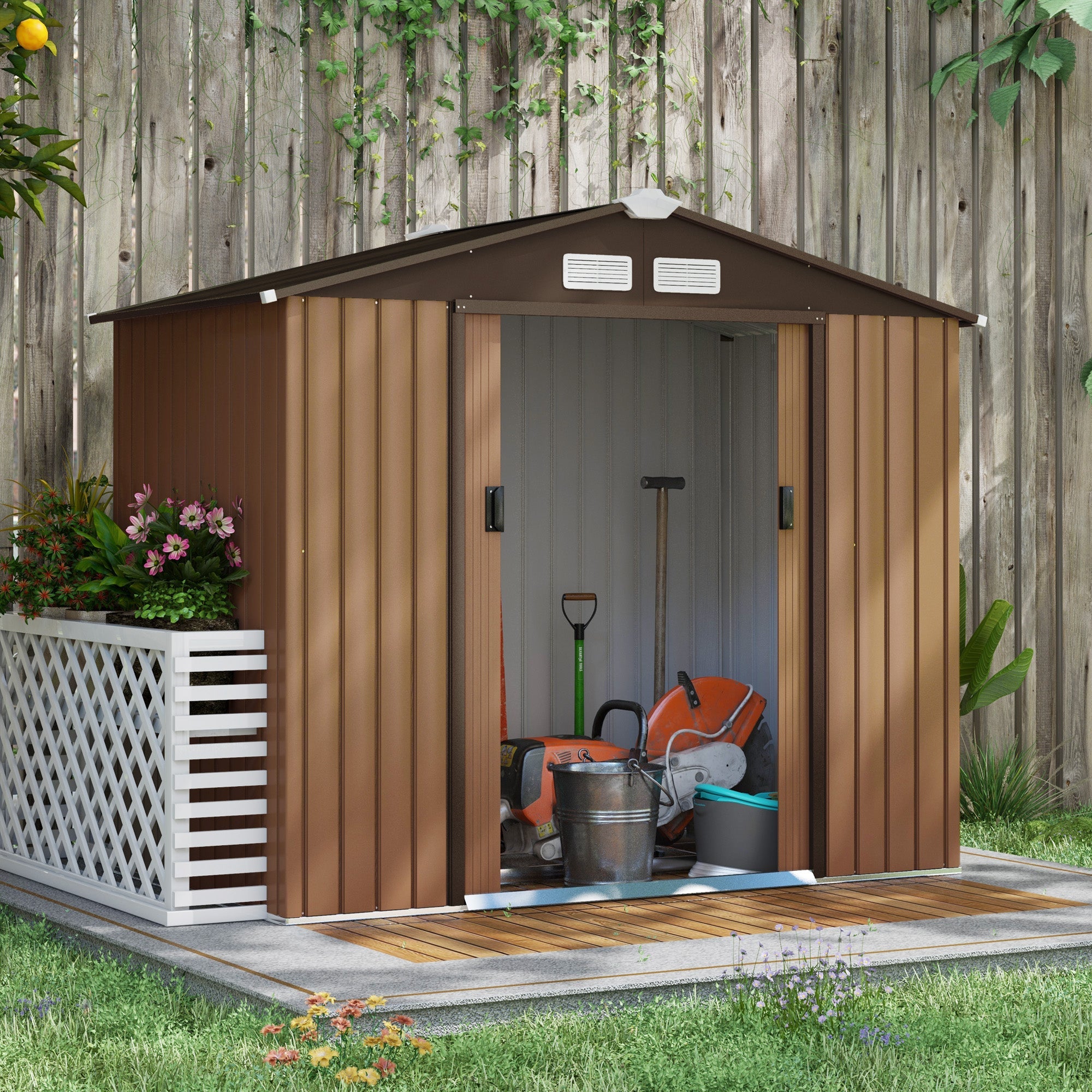 Metal Garden Tool Storage Shed, 7 x 4ft Lockable with Foundation and Vents, Light Brown