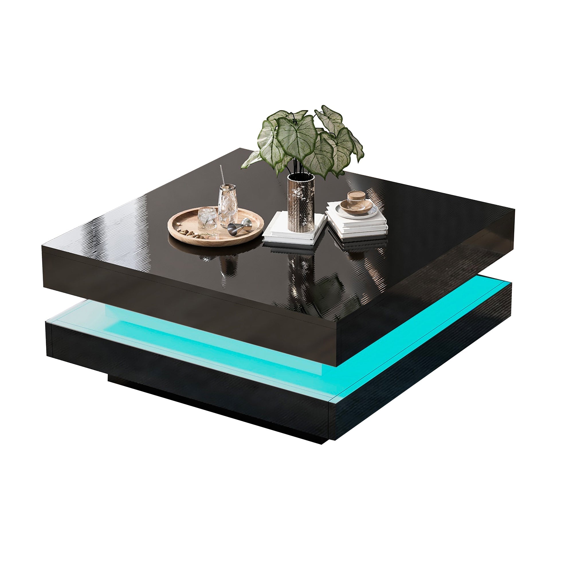 Black Square High Gloss Coffee Table with 360¡ã Rotating Top, Tea Table with 16-Color LED light, 70x70x36 cm