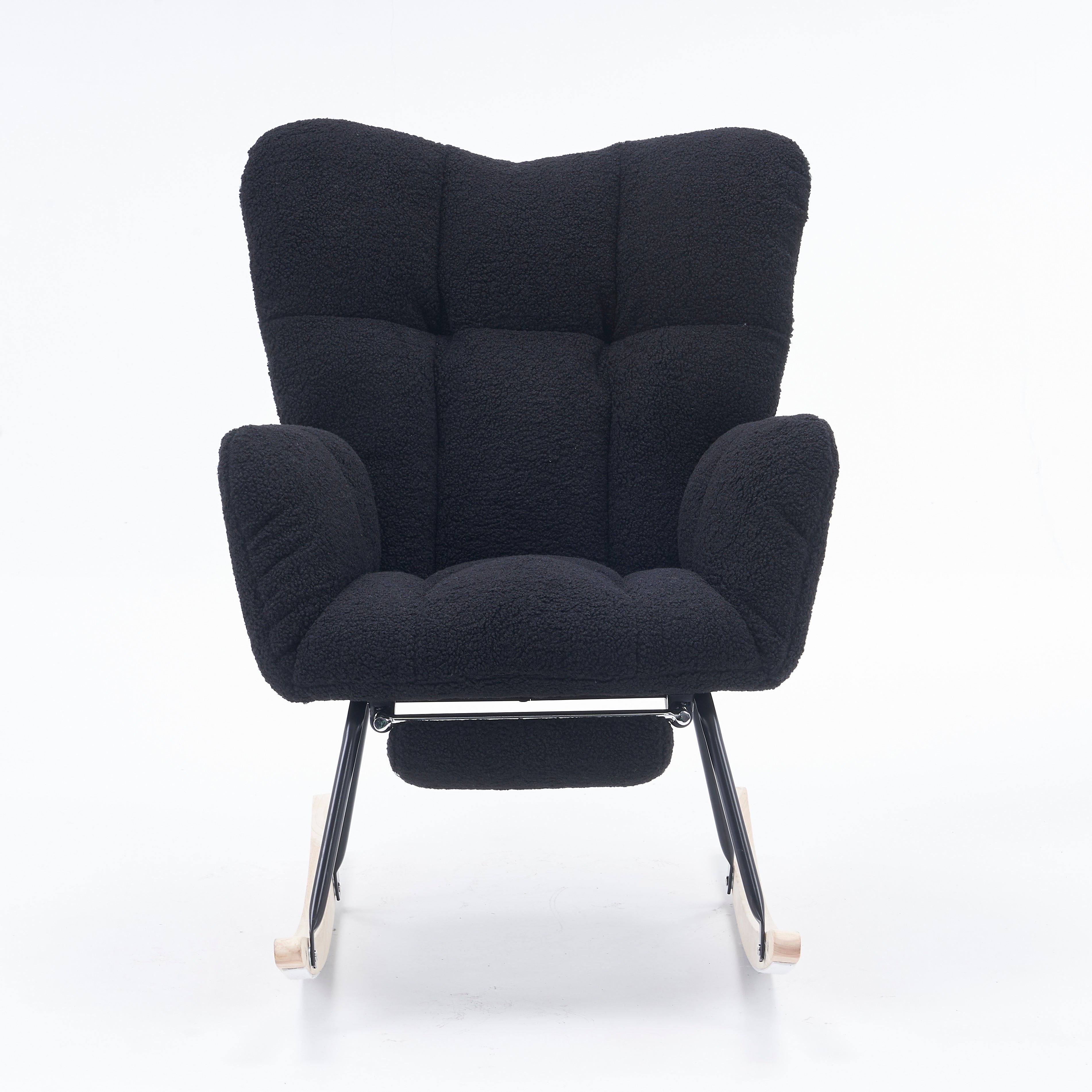New Modern Teddy Fabric Tufted Upholstered Rocking Chair with Pull-Out Footrest, Black