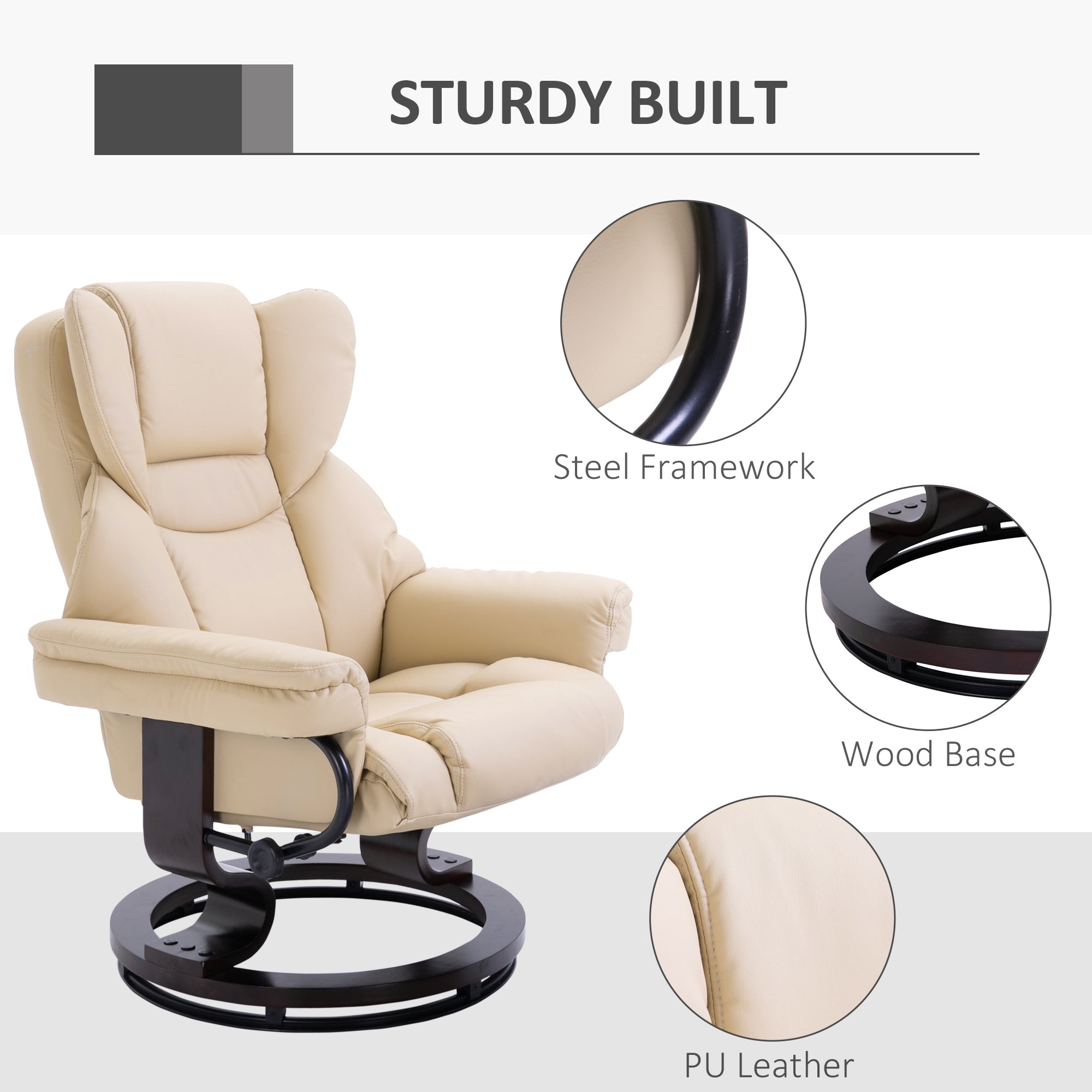 360¡ã Swivel Recliner Chair with Footstool, PU Leather Manual Reclining Armchair, Cream