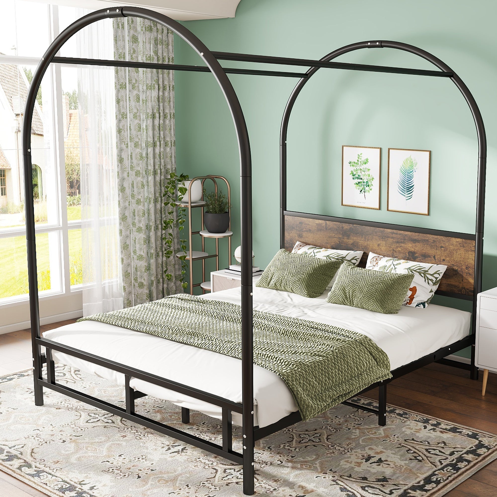 Metal Bed, Durable & Sturdy Canopy Twin Bed, Black+Wood Color, Iron Material