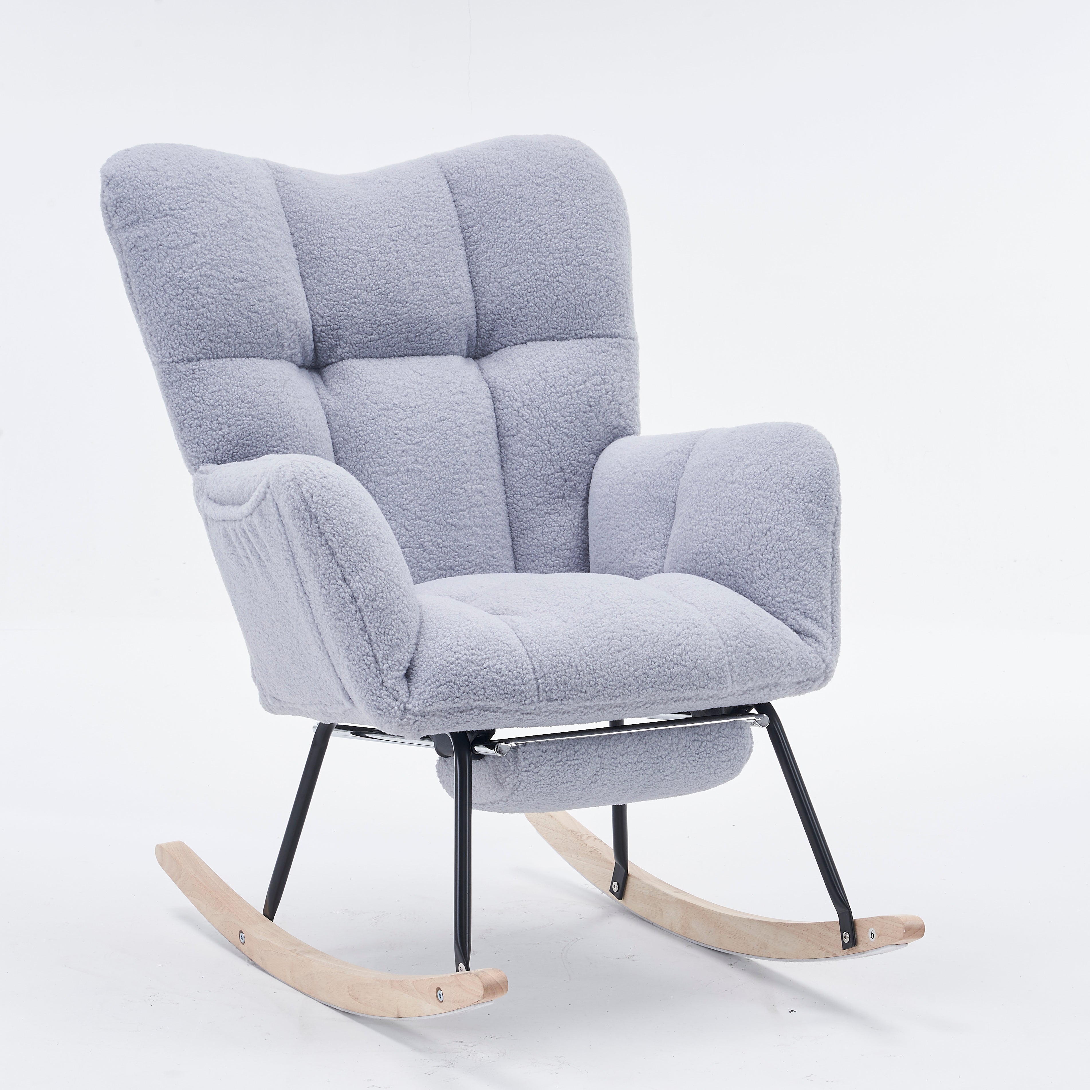 New Modern Teddy Fabric Tufted Upholstered Rocking Chair with Pull-Out Footrest, Light Grey