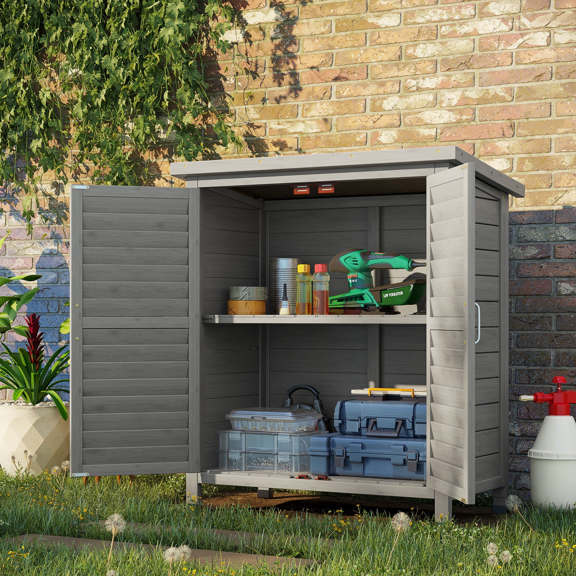 Garden Shed Wooden Storage Cabinet, Fir Wood, Grey