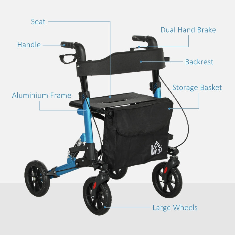 Folding Rollator Walker, Lightweight with Seat, Backrest, Dual Brakes, Adjustable Handle Height, and Storage Bag, Blue