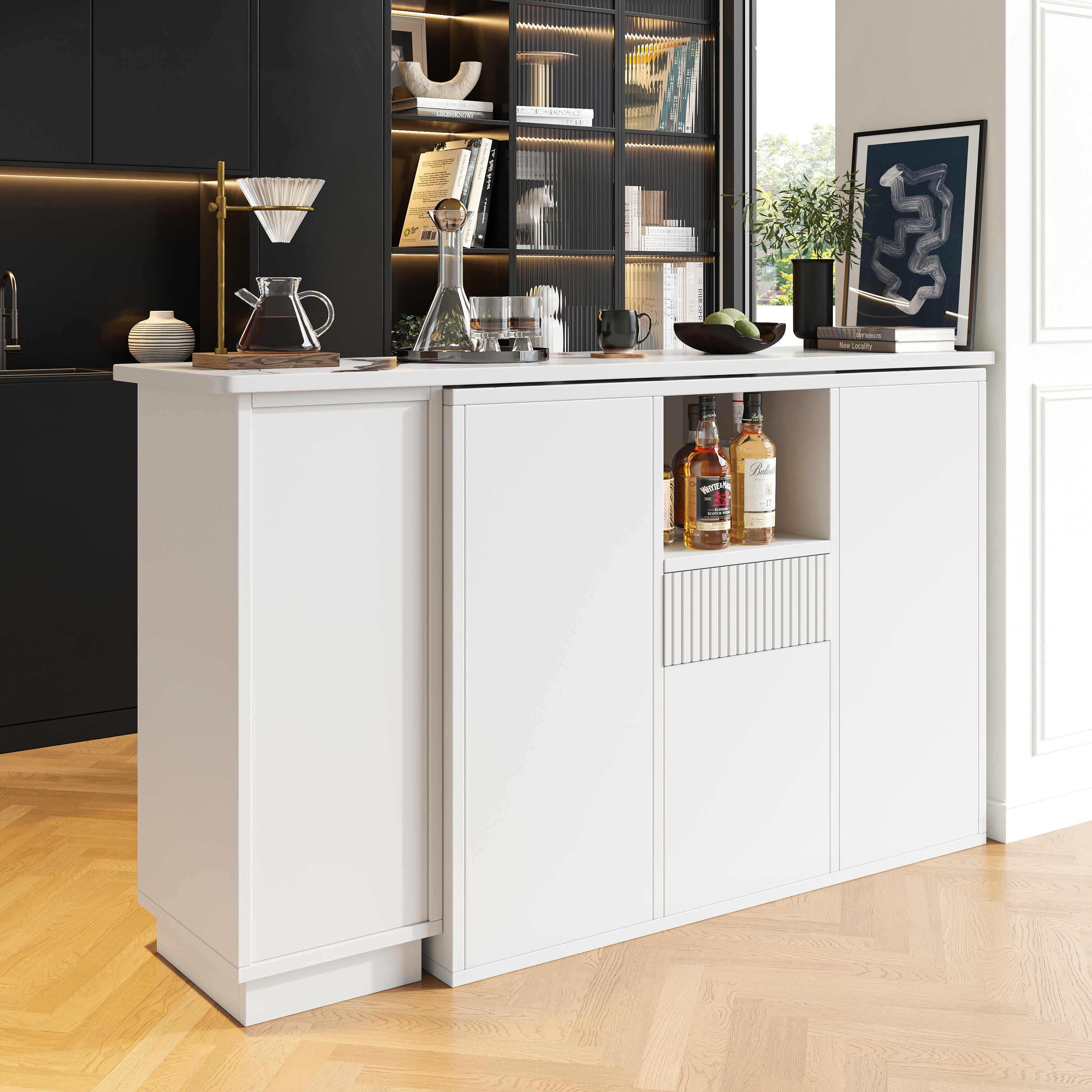 360¡ã Swivelling Bar Table with Open Storage and Marble Worktop, White