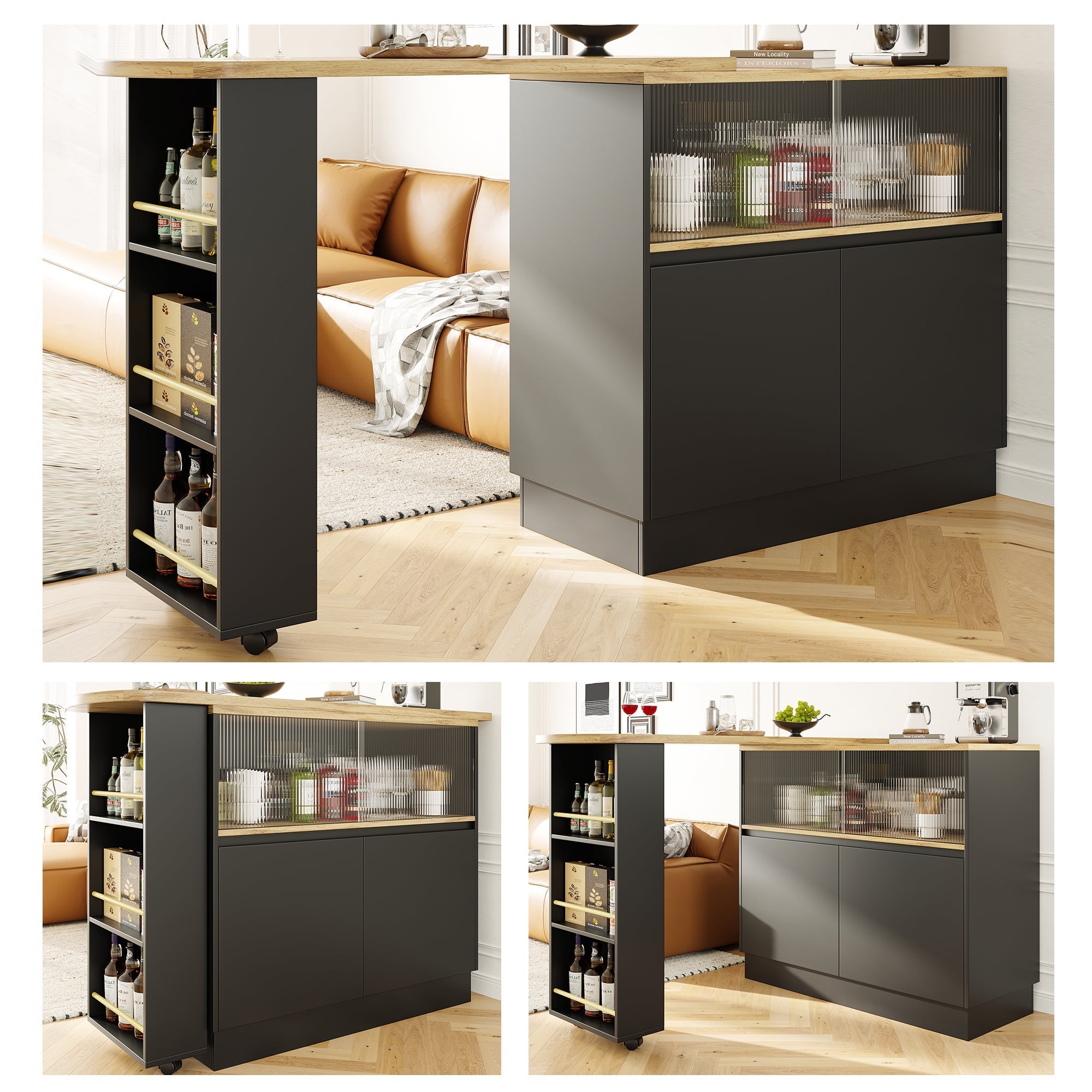 360¡ã Swivelling Dining Bar with Shelves and Glass, Multifunctional, Black