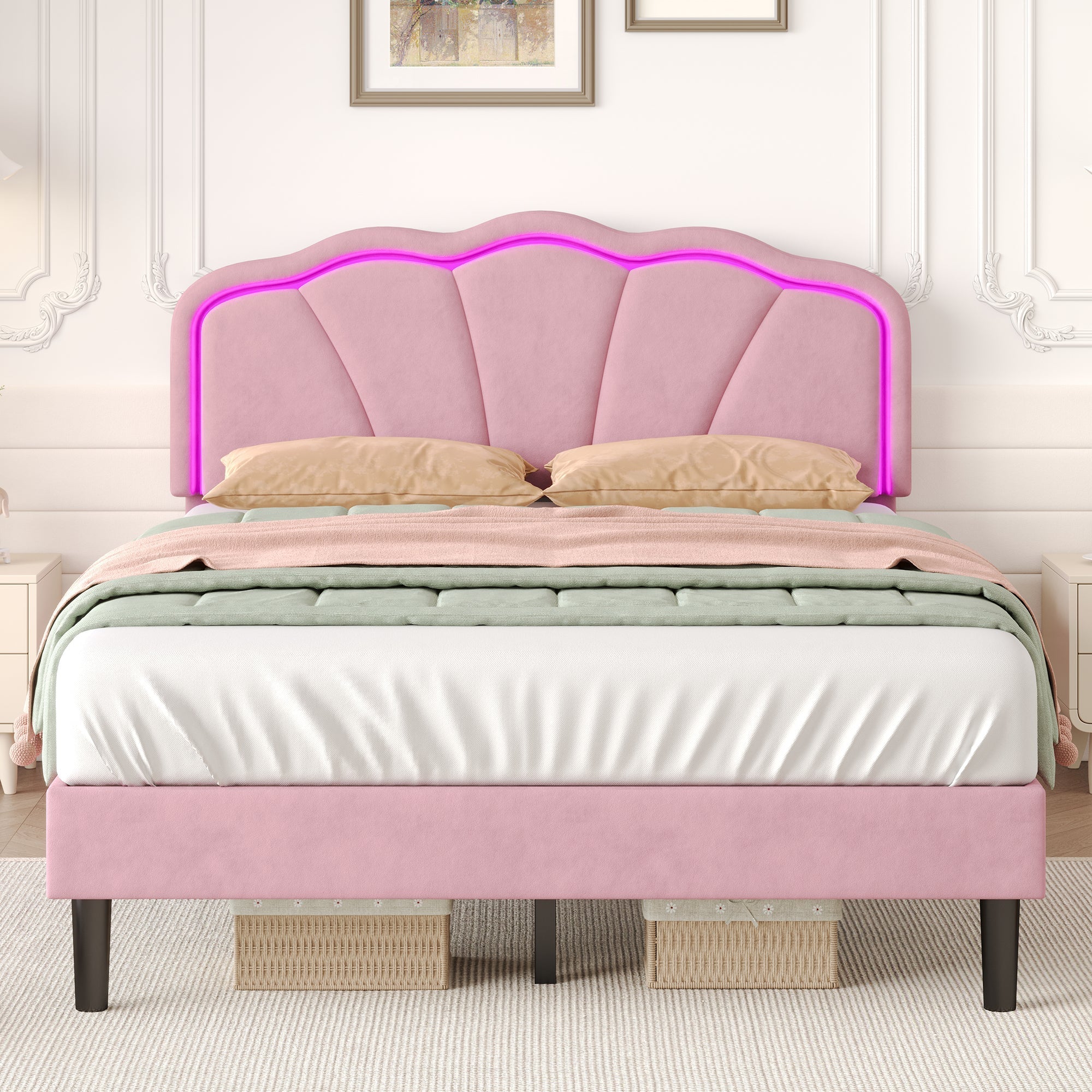 4ft6 Double Upholstered Bed with LED Adjustable Shell Headboard, Soft Velvet, Pink