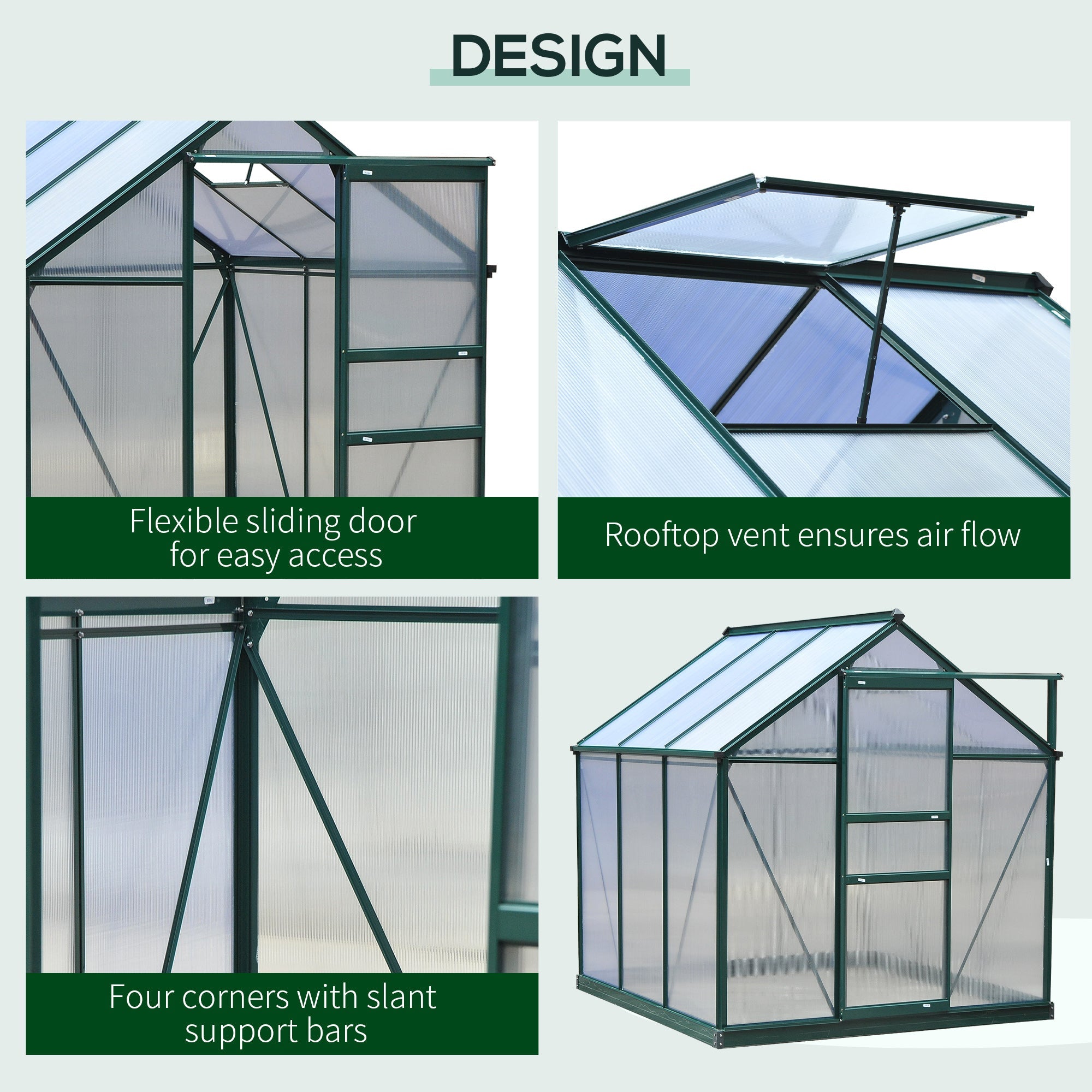 Polycarbonate Greenhouse, 6 x 6ft Walk-In with Slide Door and Window, Dark Green