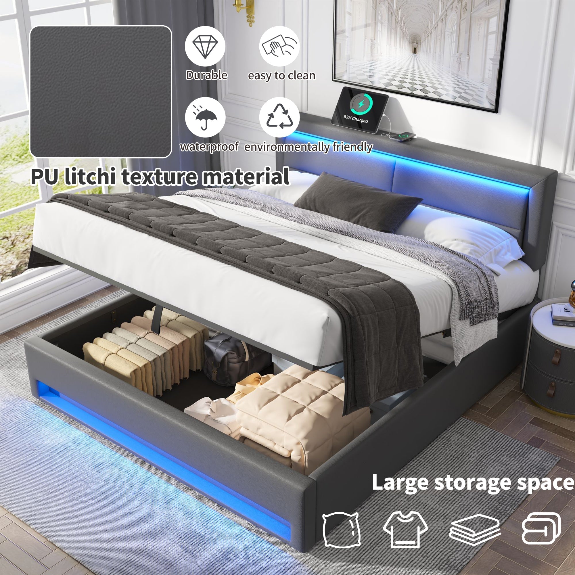 Upholstered Bed, 150x200cm King Size, with USB Ports, LED Lighting, Storage, Grey PU
