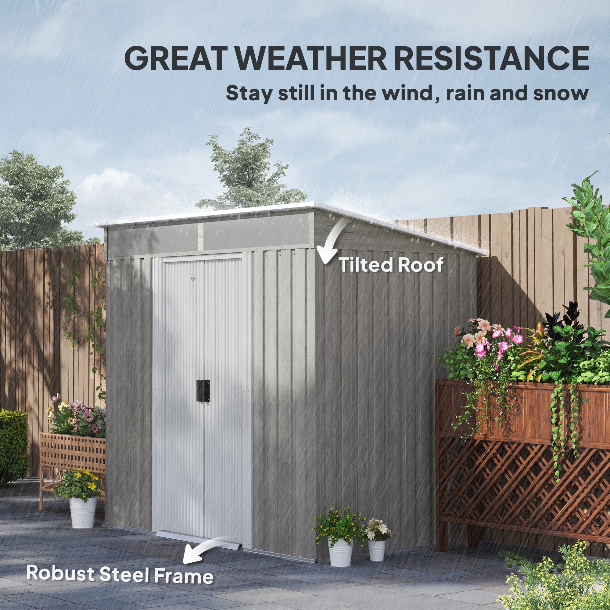 Metal Shed 6.5 x 4FT Galvanised, Lockable Tool Garden Shed with Double Sliding Doors, Vents, Light Grey Wood Effect