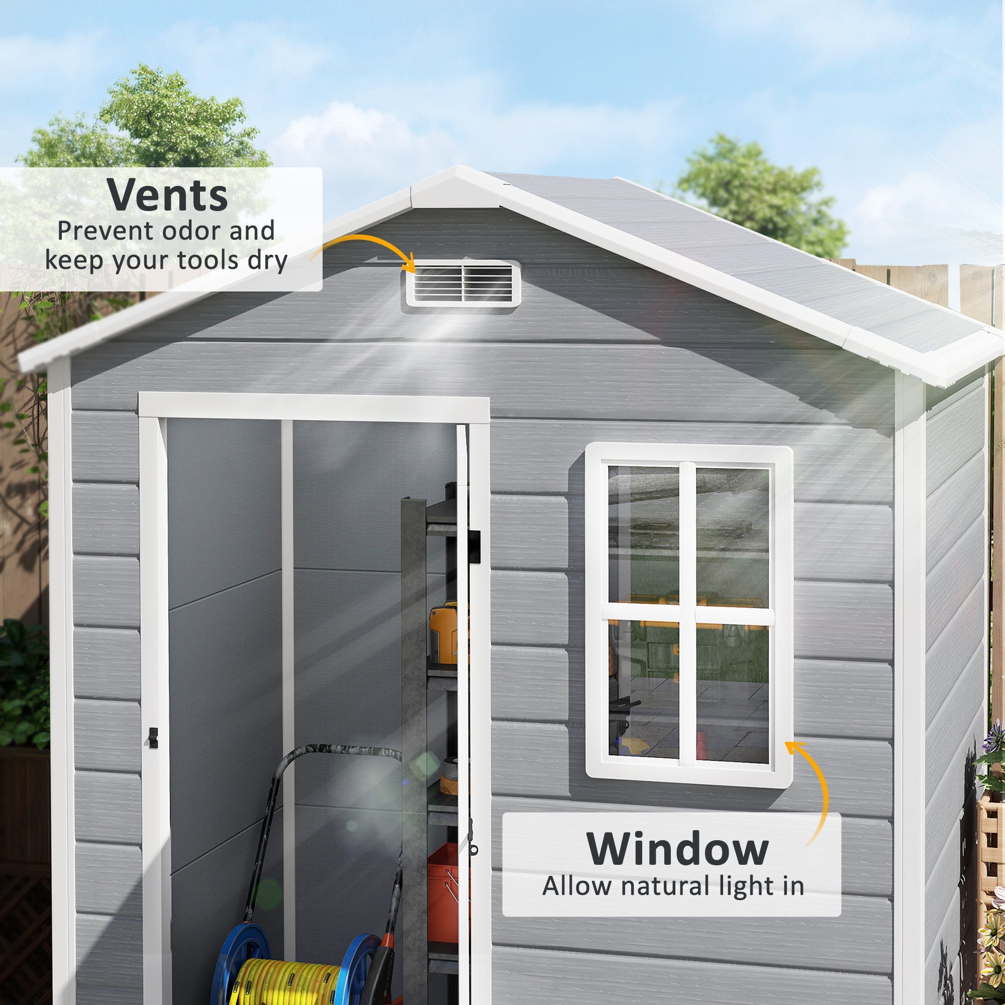 Outdoor Shed with Foundation, Lockable Door, Vents, Windows, Plastic, Grey