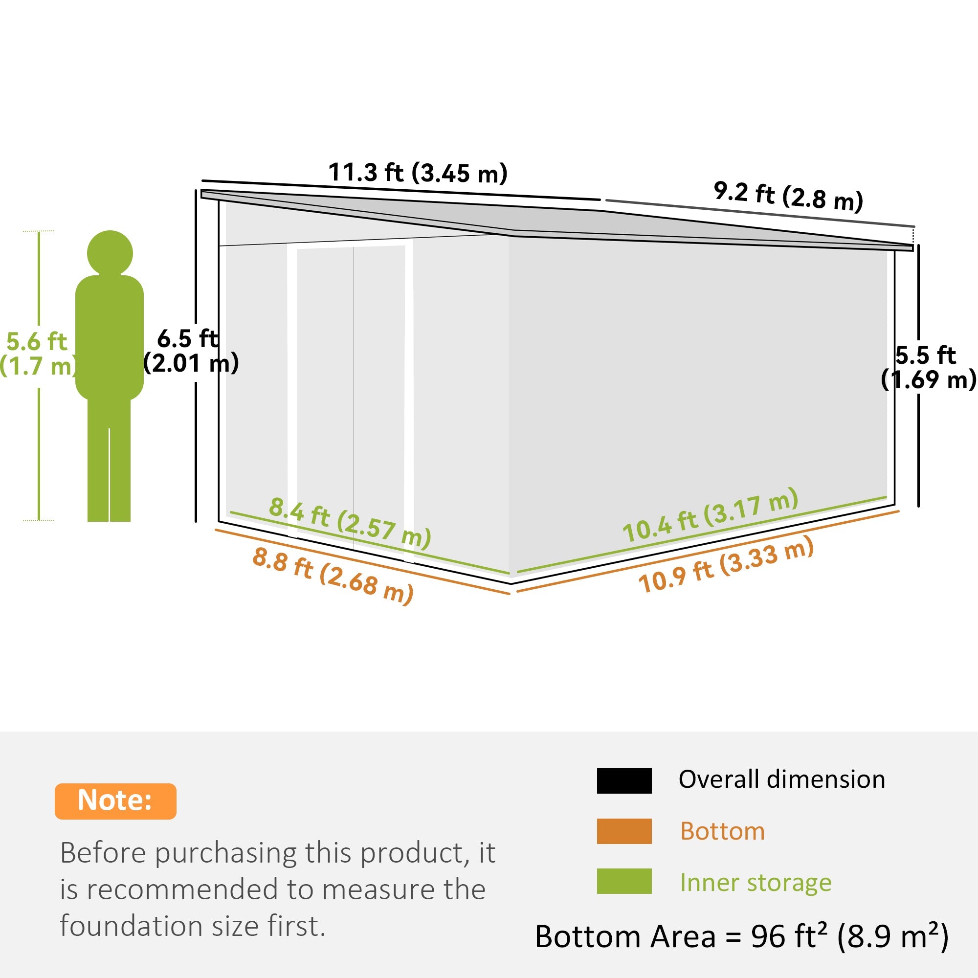 Lean to Metal Garden Shed with Double Sliding Doors and Vents, Grey