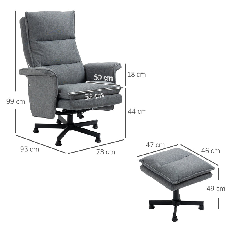 Swivel Recliner Chair and Footstool with Massage, Timer, Steel Base, Upholstered Grey