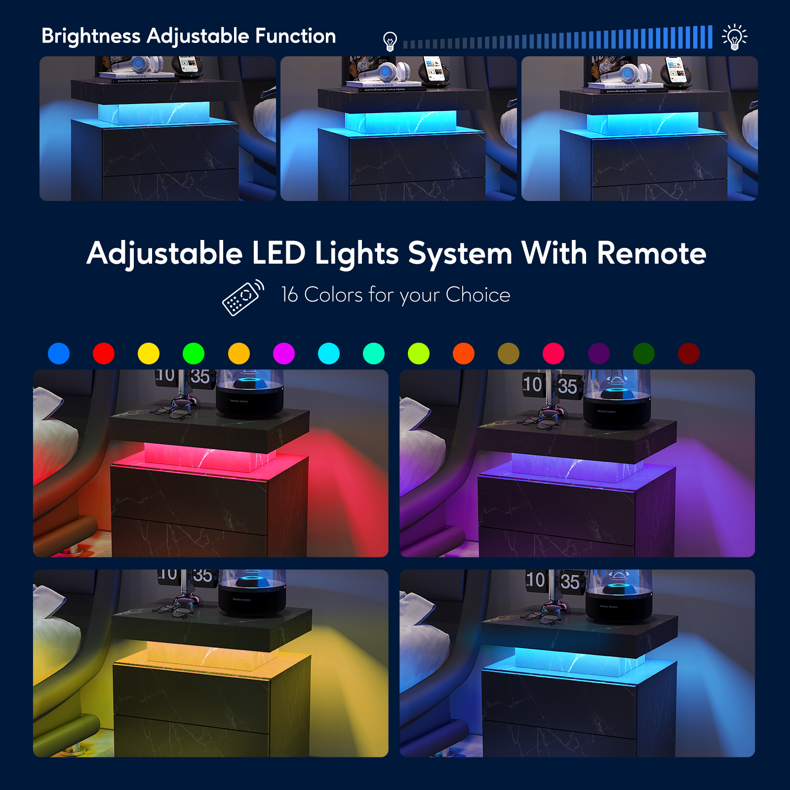 Nightstand with LED Bedside Table Cabinet Lights and 2 Drawers, Black Gold