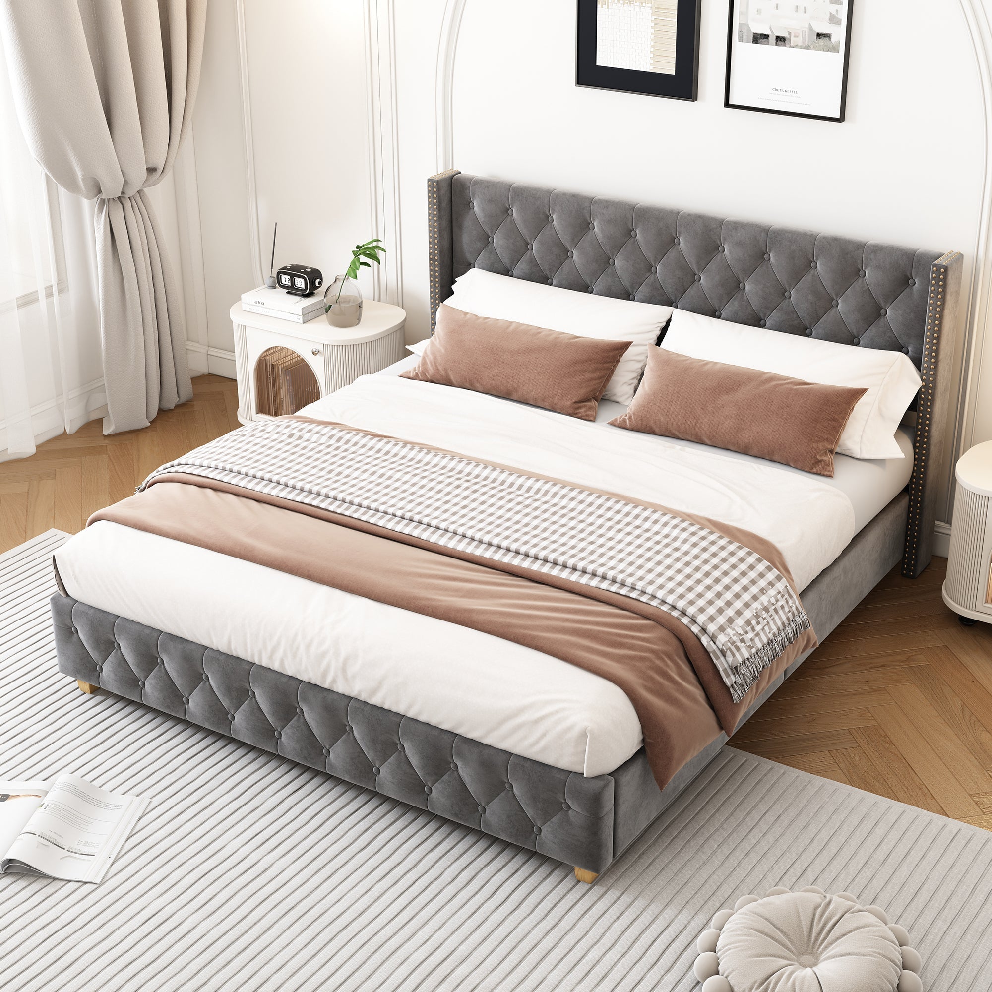 Upholstered Double Bed (4ft6/135x190cm) with Slatted Frame, Headboard, Button & Rivet Upholstery, Wooden Legs, Grey Velvet