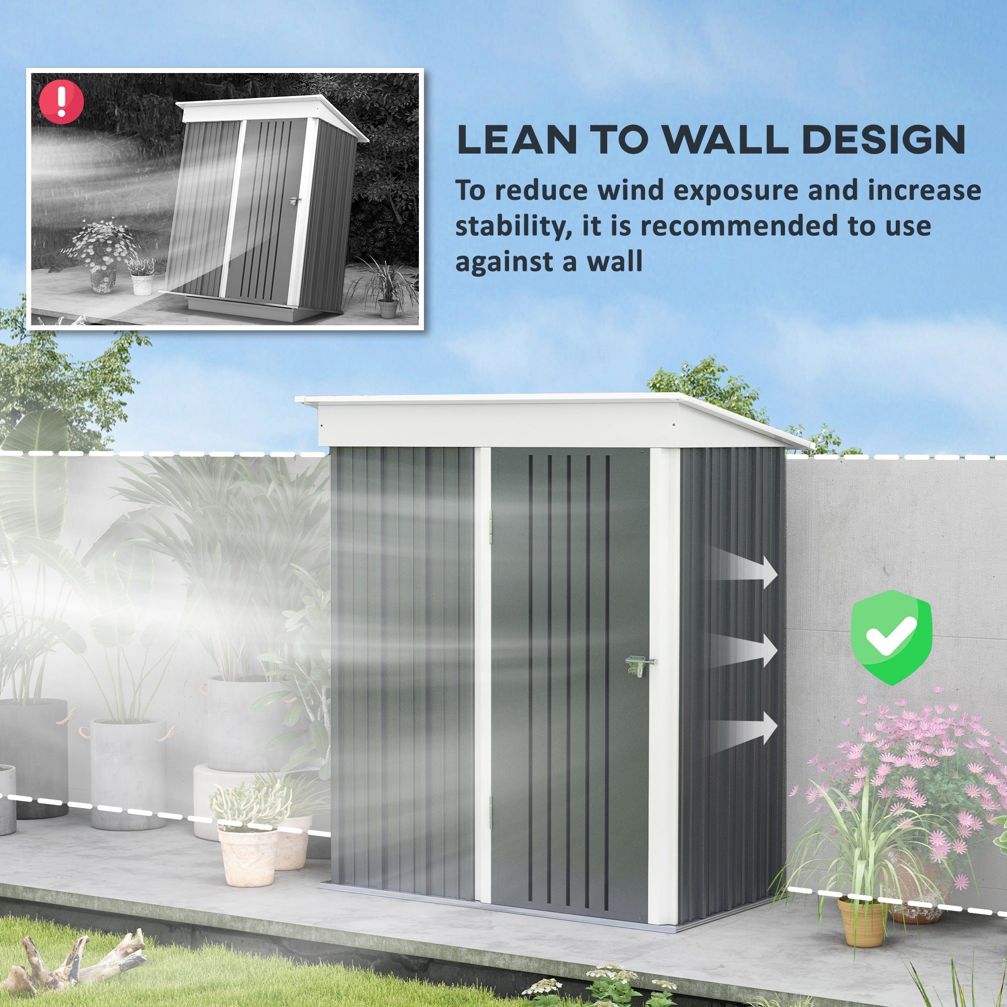 Metal Garden Shed, Outdoor Lean-to for Tools and Motorbike, with Adjustable Shelf, Lock, Dark Grey